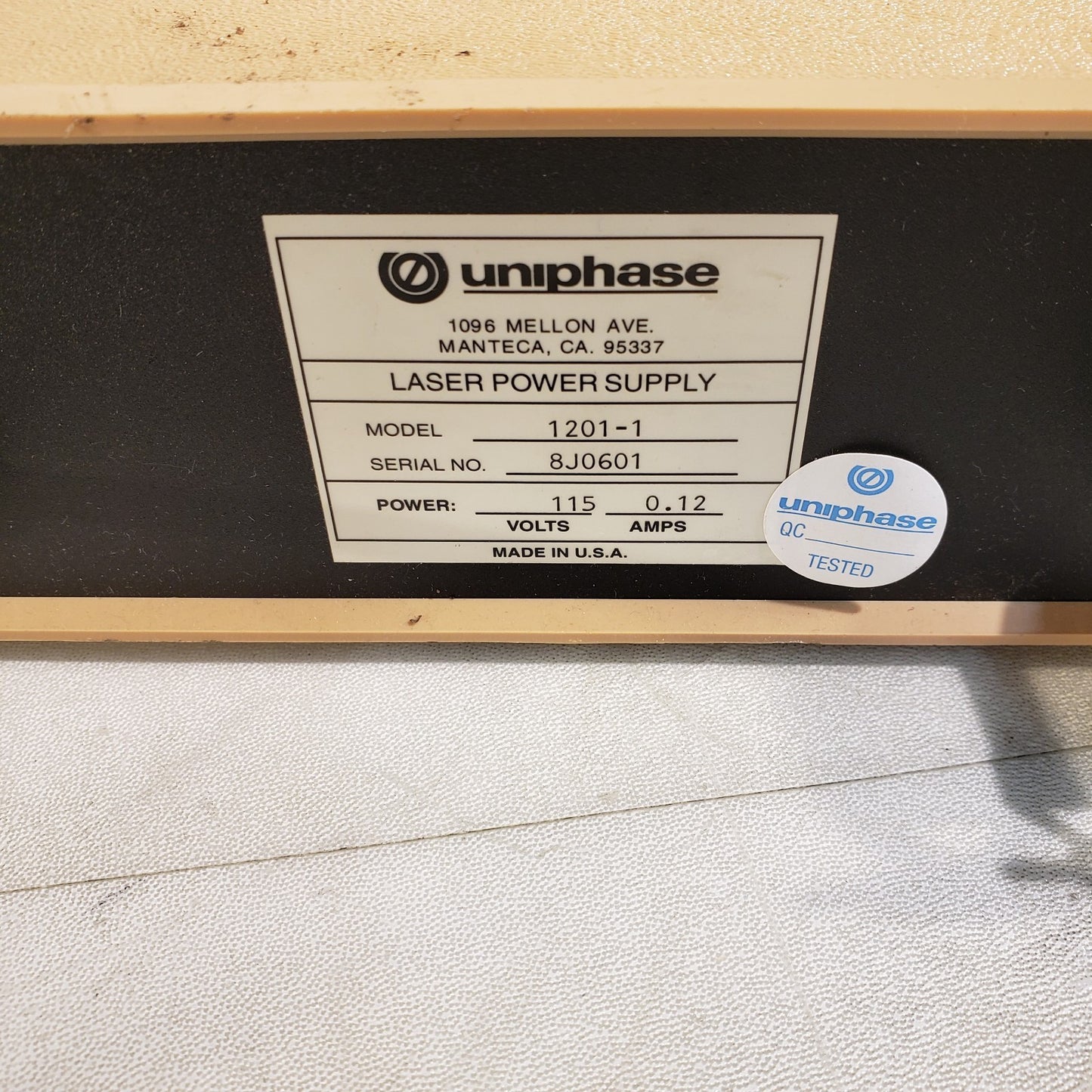 Uniphase 1101P Laser 633nm 4mW w/ Power Supply 1201-1 115V 0.12A