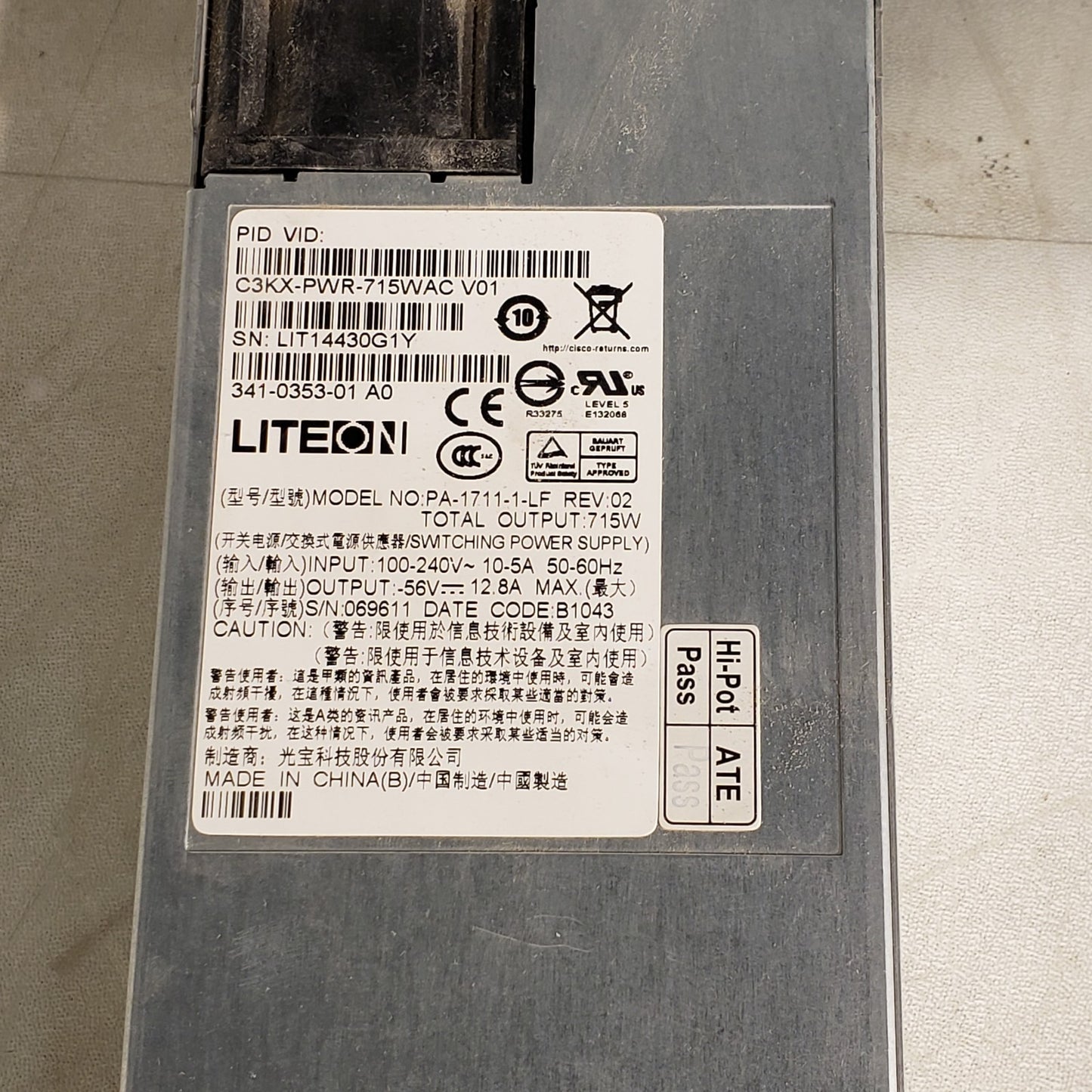 Delta Electronics PA-1711-1-LF Switching Power Supply C3KX-PWR-715WAC