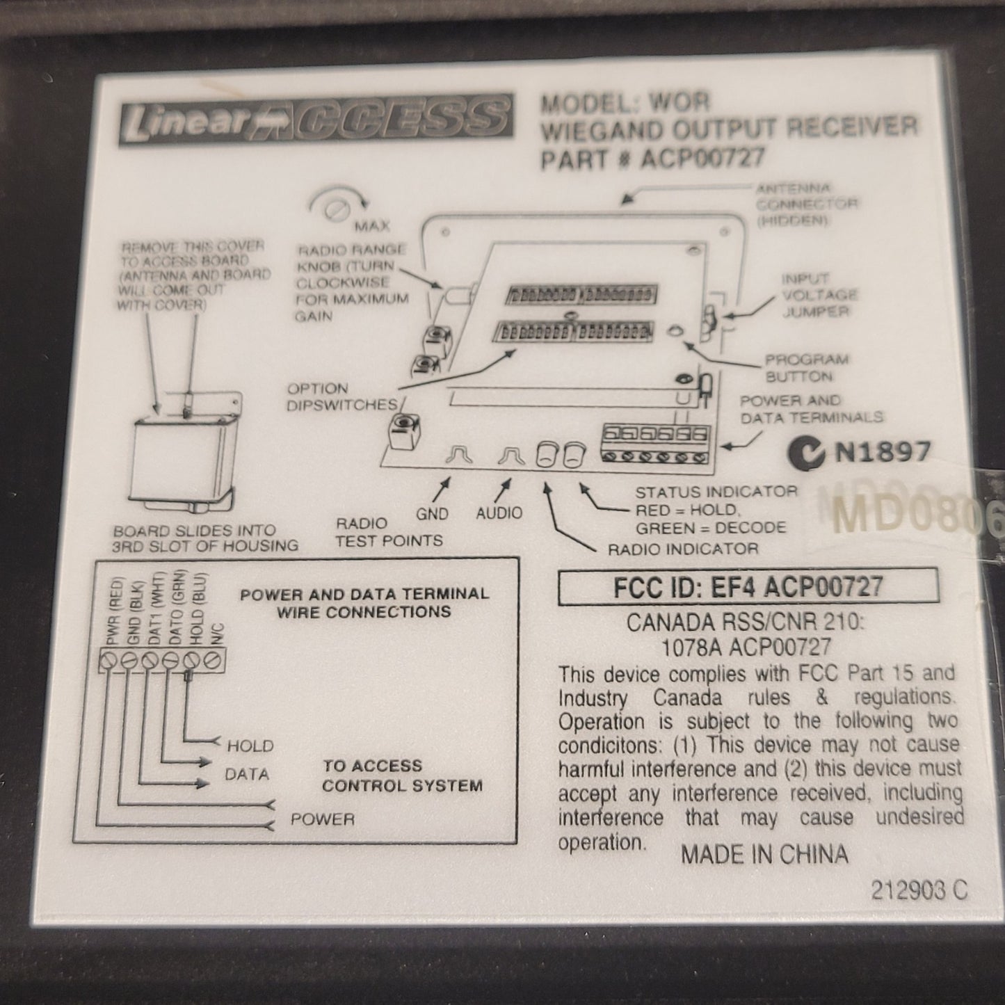 Linear Access WOR Wiegand Output Receiver ACP00727 05291-001
