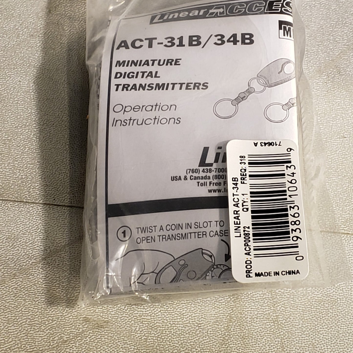 Keri Linear ACT-34B 4-Channel Block Coded Key Ring Transmitter Programable Fob