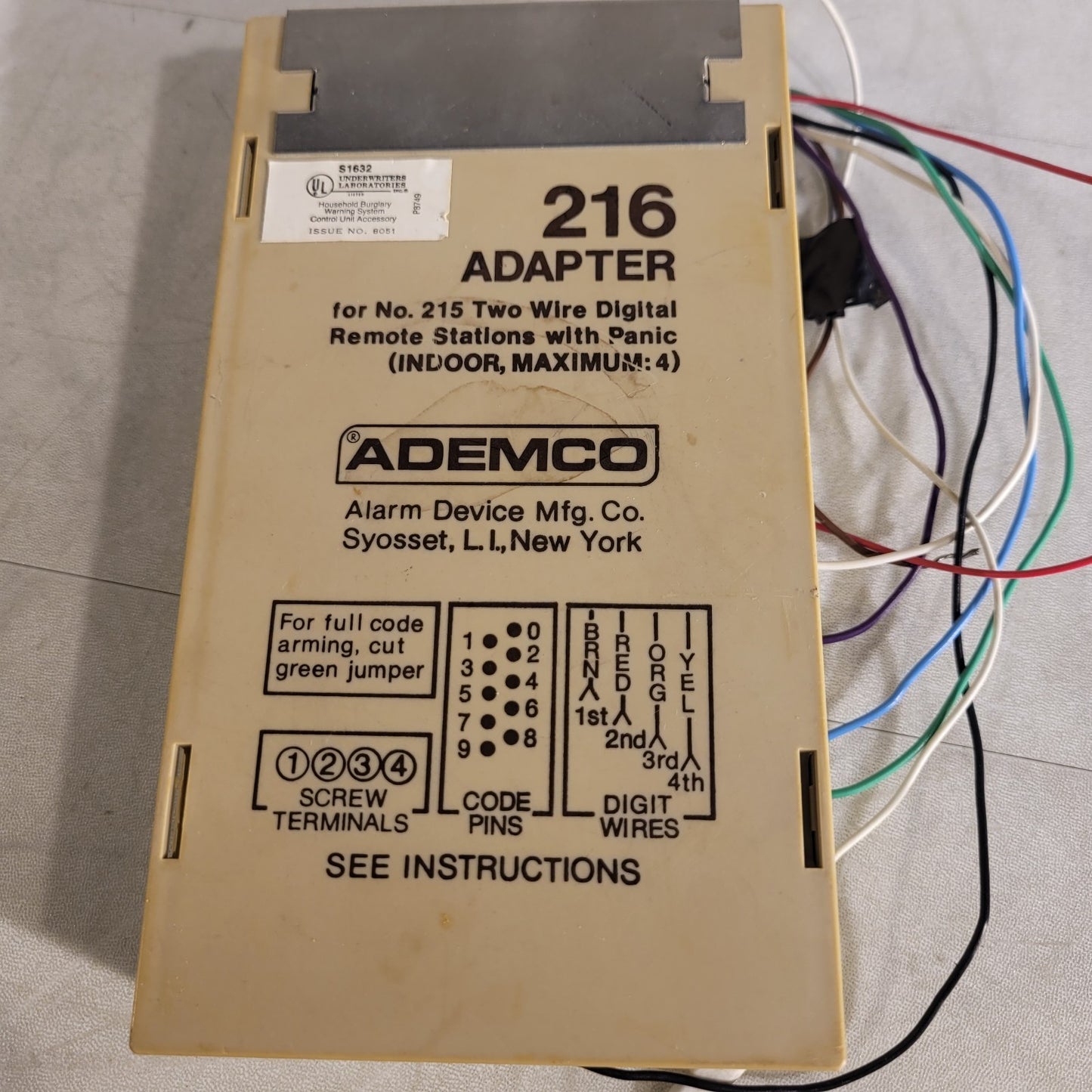 Vintage Ademco 216 Adapter For 215 Two Wire Digital Remote Station With Panic