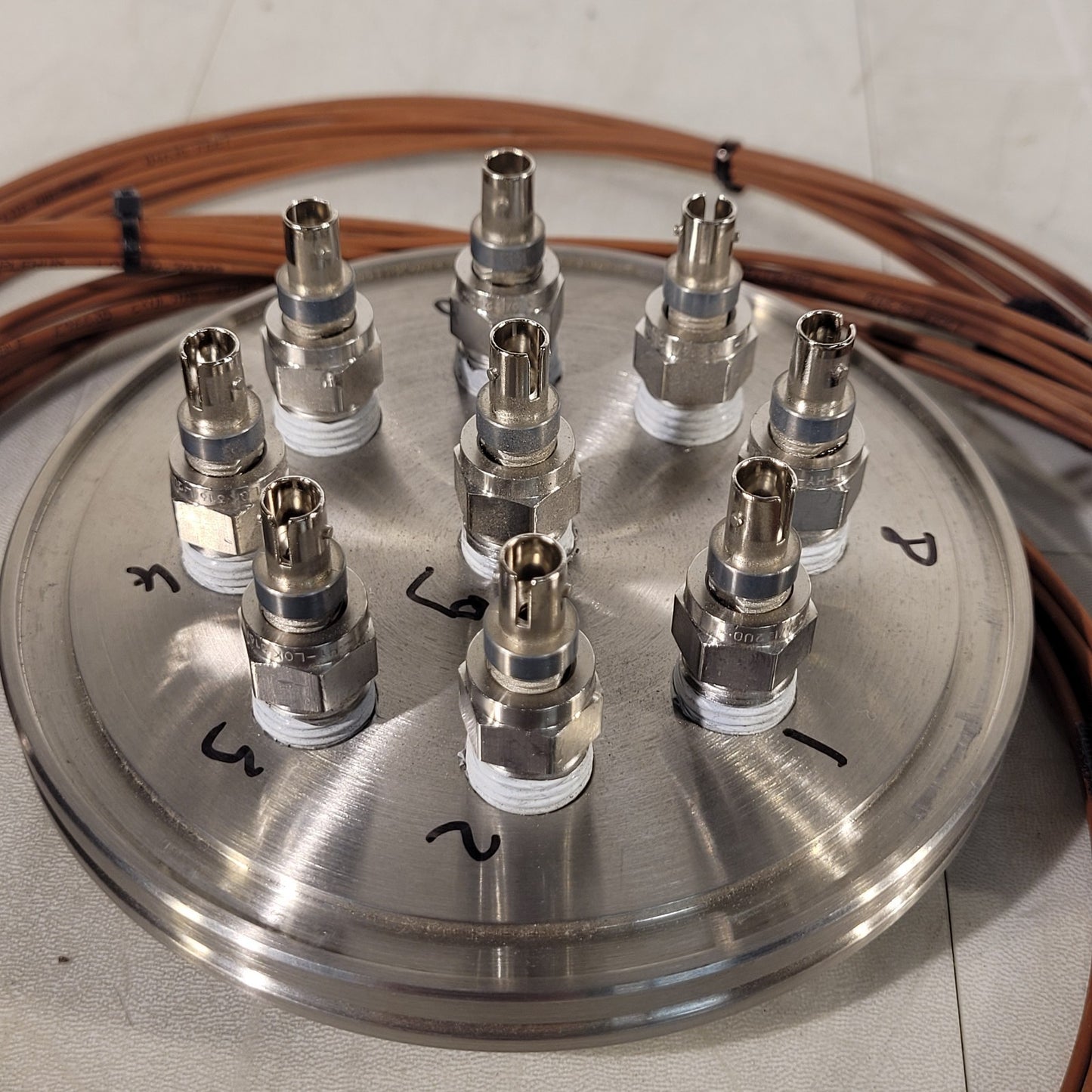 ISO-K 100 Visible Light 9-Port Fiber Optic Feedthrough w/ ST Cables High Vacuum