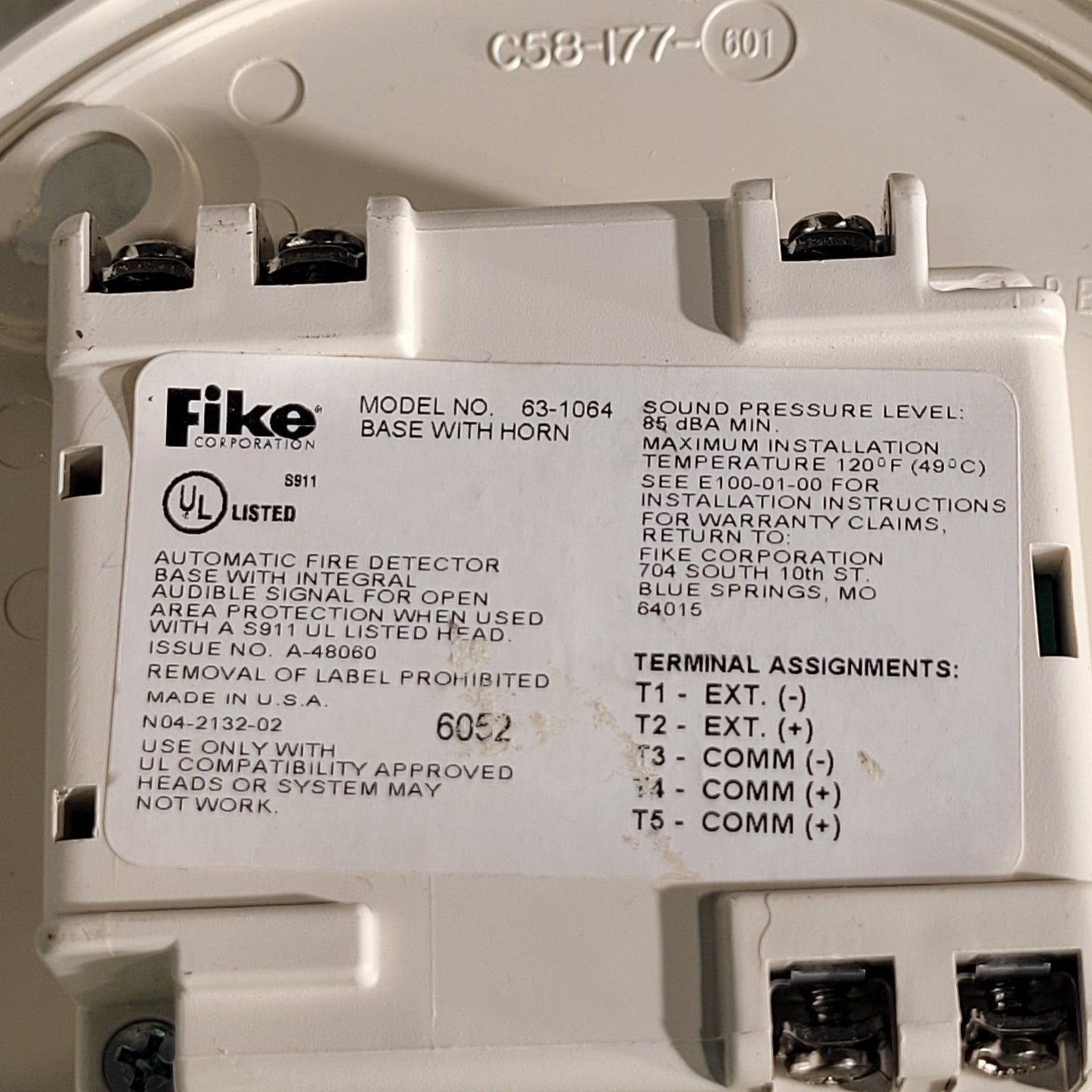 Fike 63-1064 Automatic Fire Detector with Horn 85dBA Min
