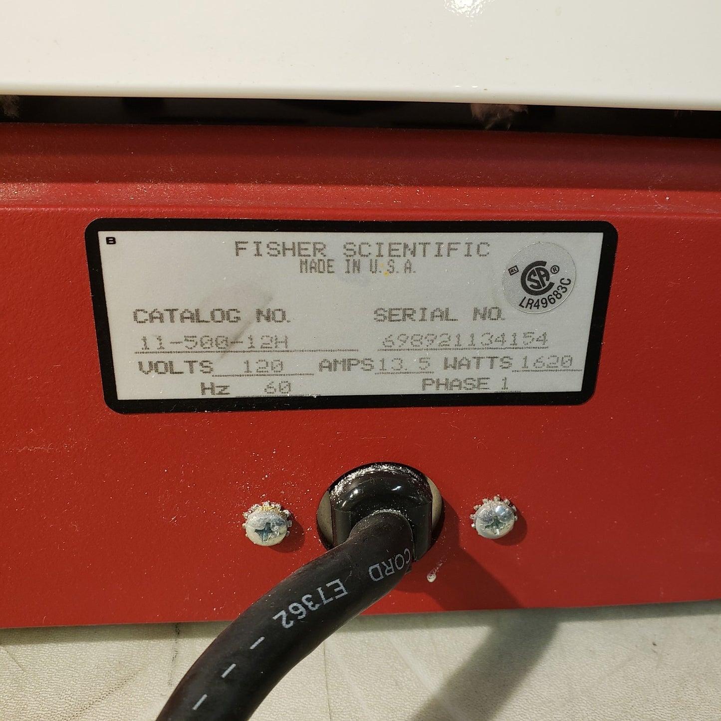 Fisher Scientific Hot Plate 11-500-12H Input 120VAC 13.5A, 20A Plug