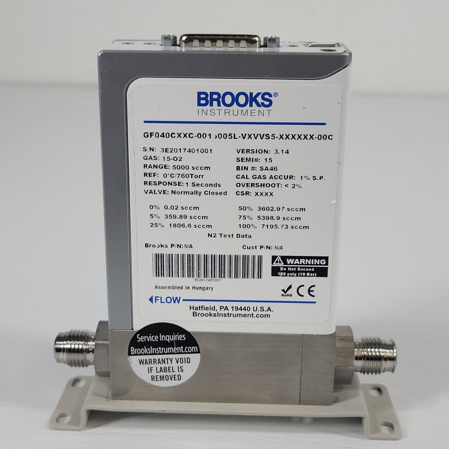 Brooks GF040 0015005Ll Mass Flow Controller MFC 15-O2 Oxygen Gas 5000 SCCM