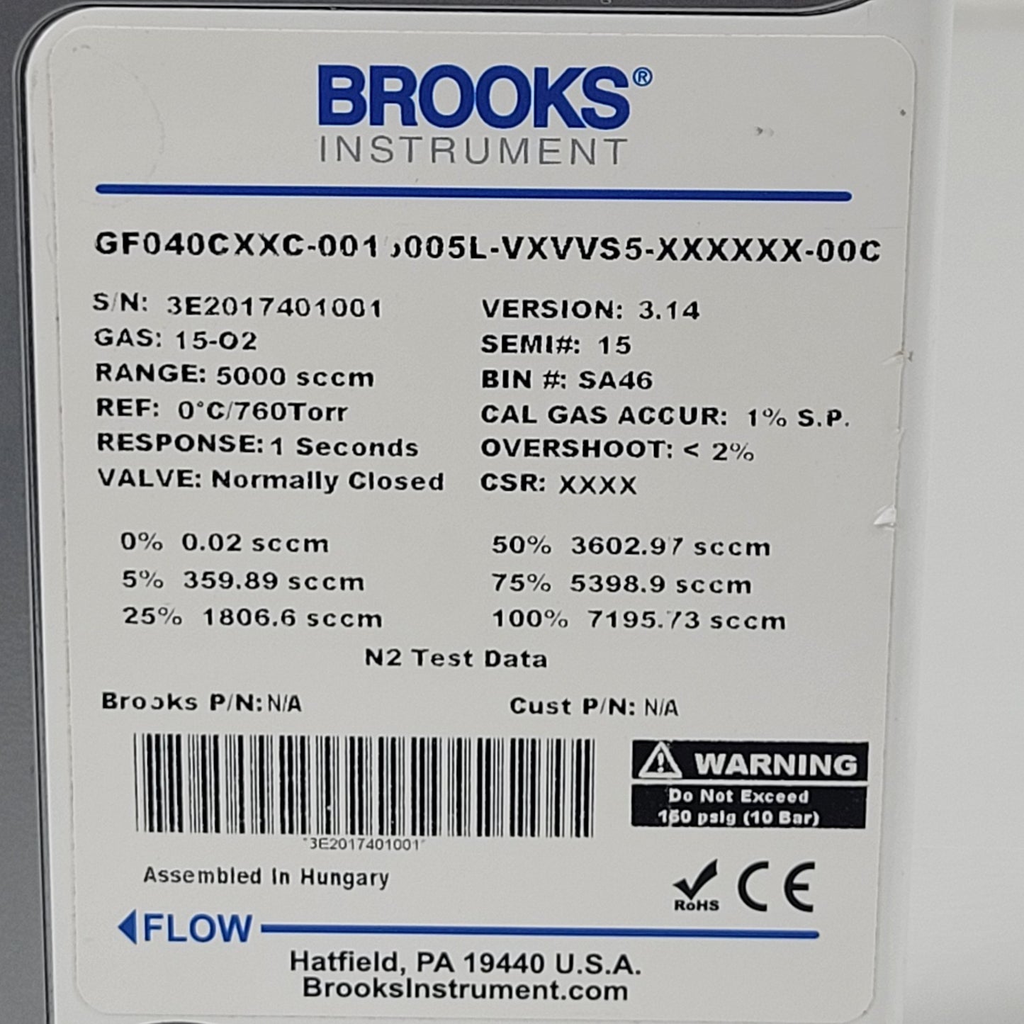 Brooks GF040 0015005Ll Mass Flow Controller MFC 15-O2 Oxygen Gas 5000 SCCM