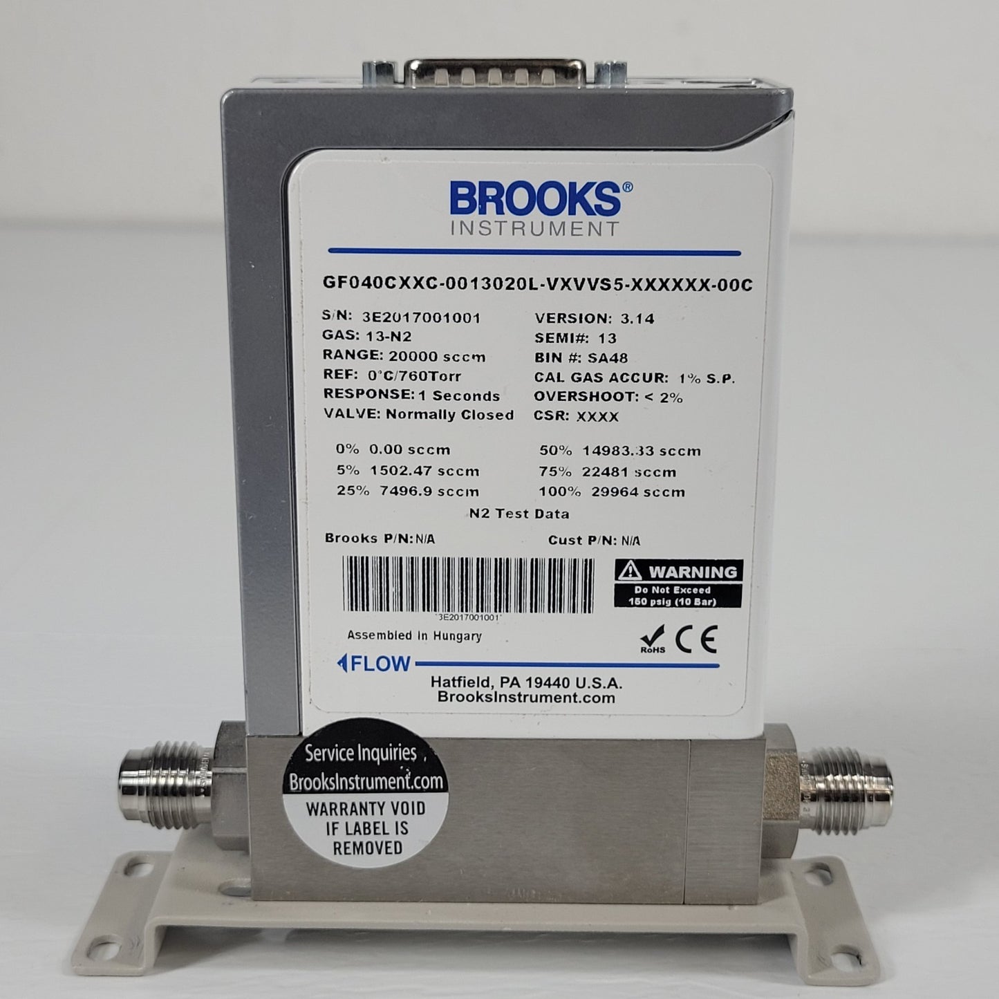 Brooks GF040 0013020L Mass Flow Controller MFC N2 Nitrogen Gas 20000SCCM Range