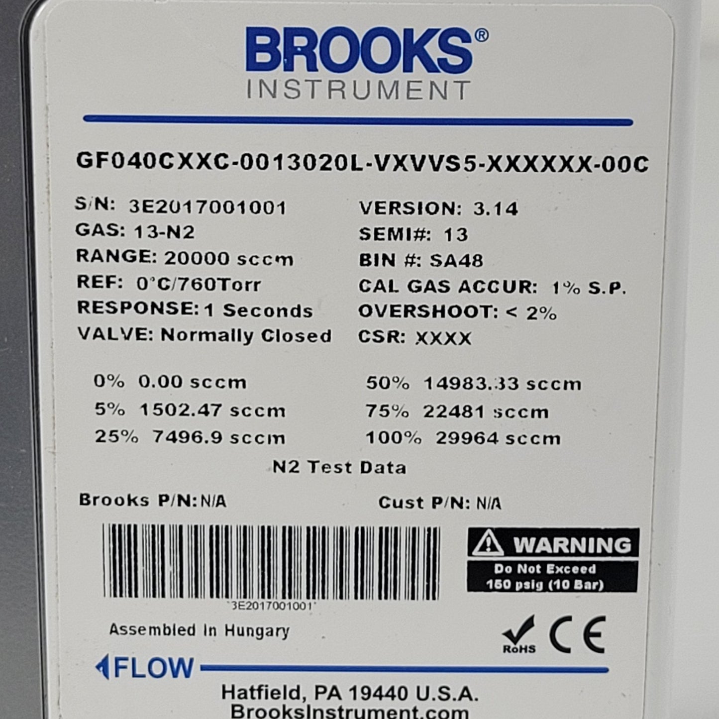 Brooks GF040 0013020L Mass Flow Controller MFC N2 Nitrogen Gas 20000SCCM Range