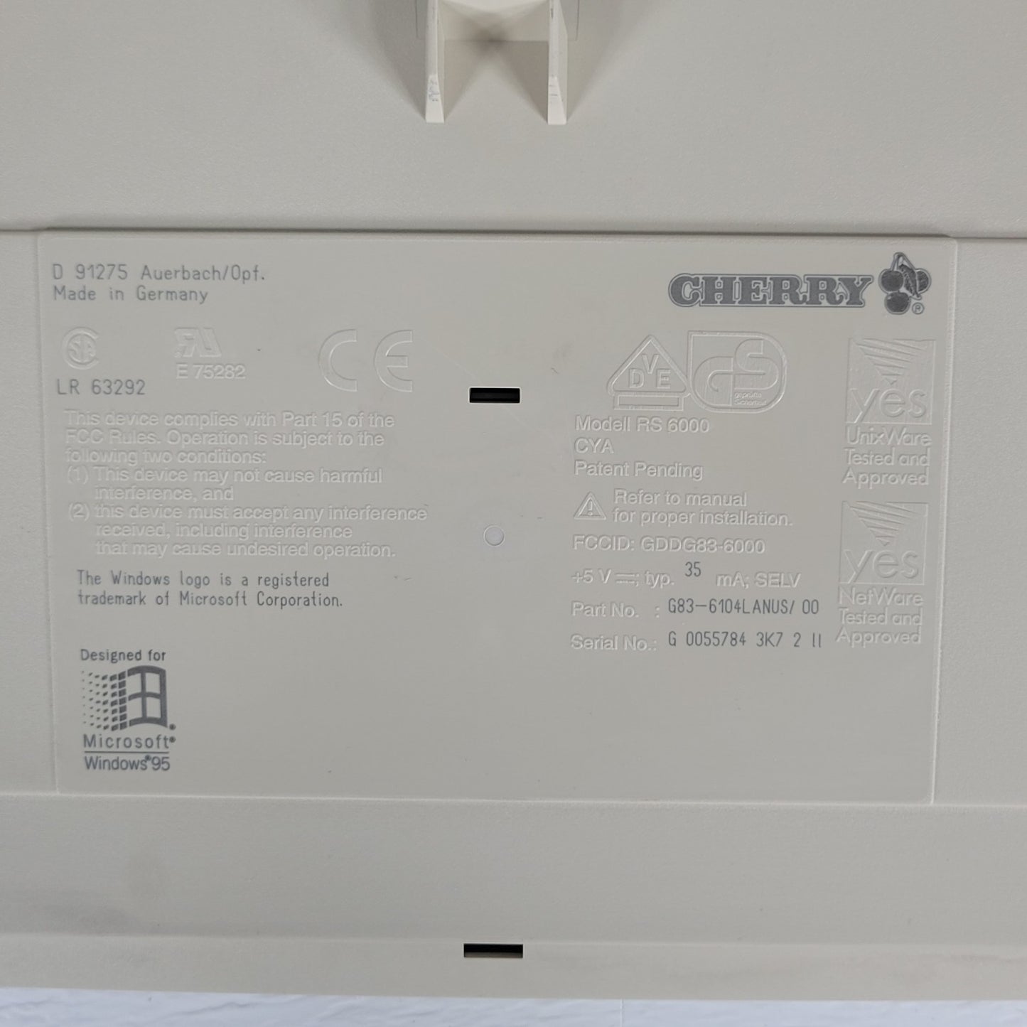 Vintage Cherry RS 6000 G83-6104Lanus/00 Beige Keyboard For Microsoft Windows 95
