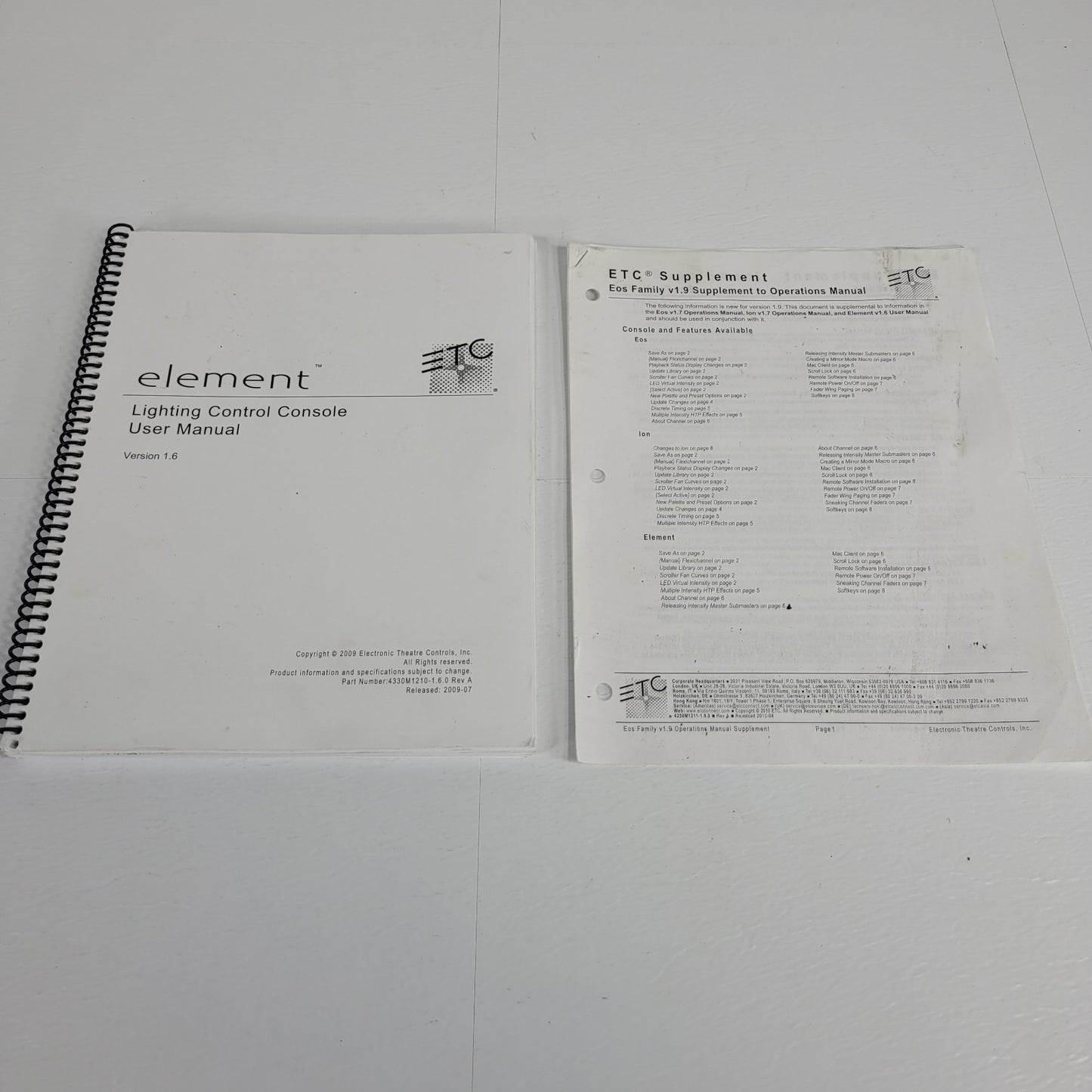ETC Element Light Board User Manual Version 1.6 and Eos Family Supplement Packet