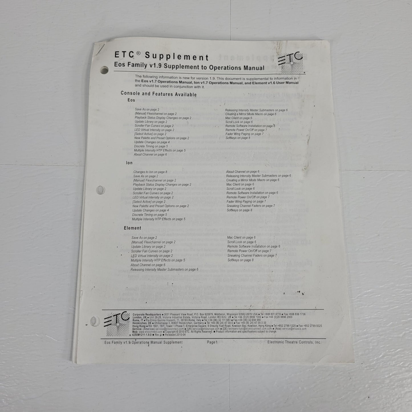 ETC Element Light Board User Manual Version 1.6 and Eos Family Supplement Packet