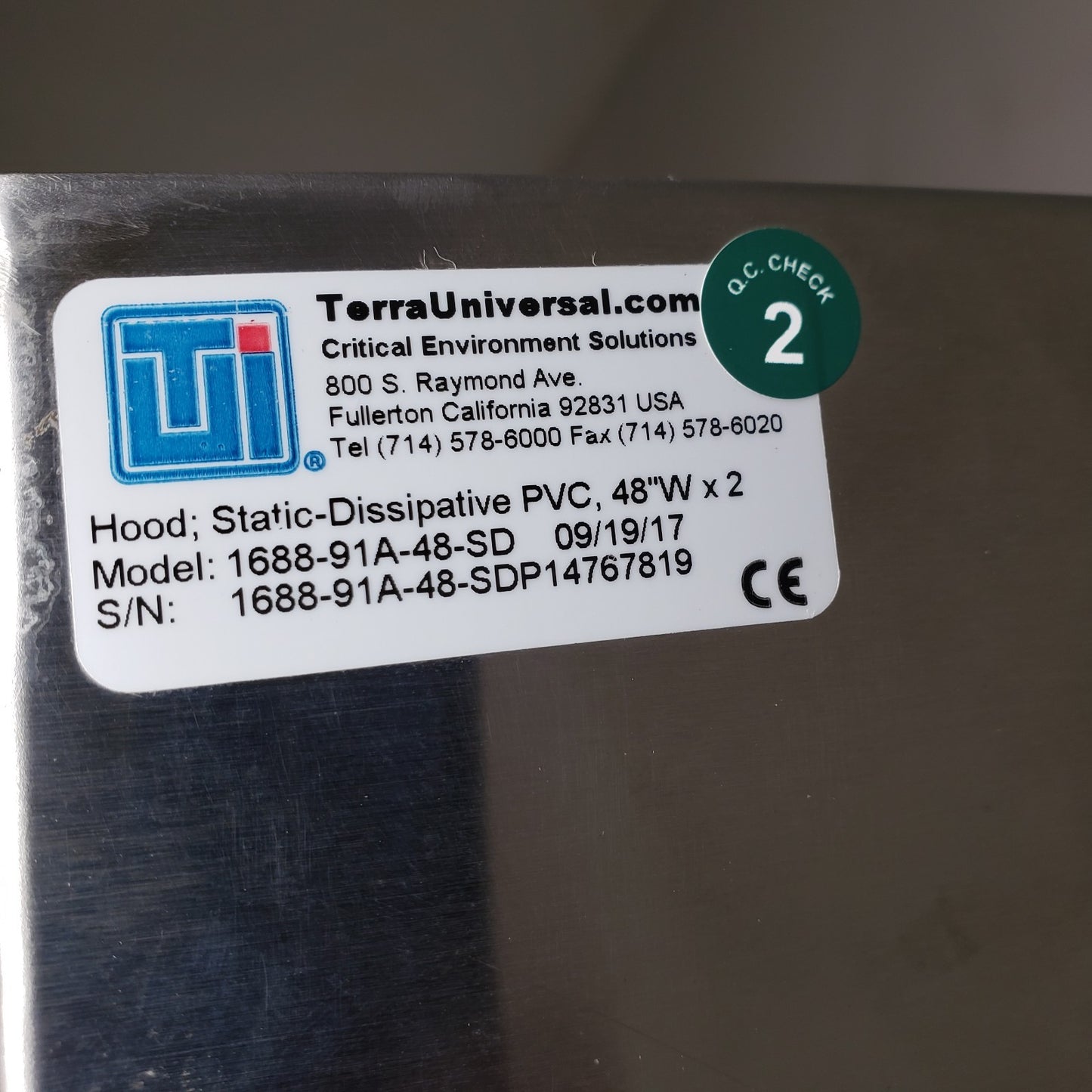 TESTED WORKS Terra Universal Whisperflow Clean Hood 1688-91A-48-SD 4'W x 2'D
