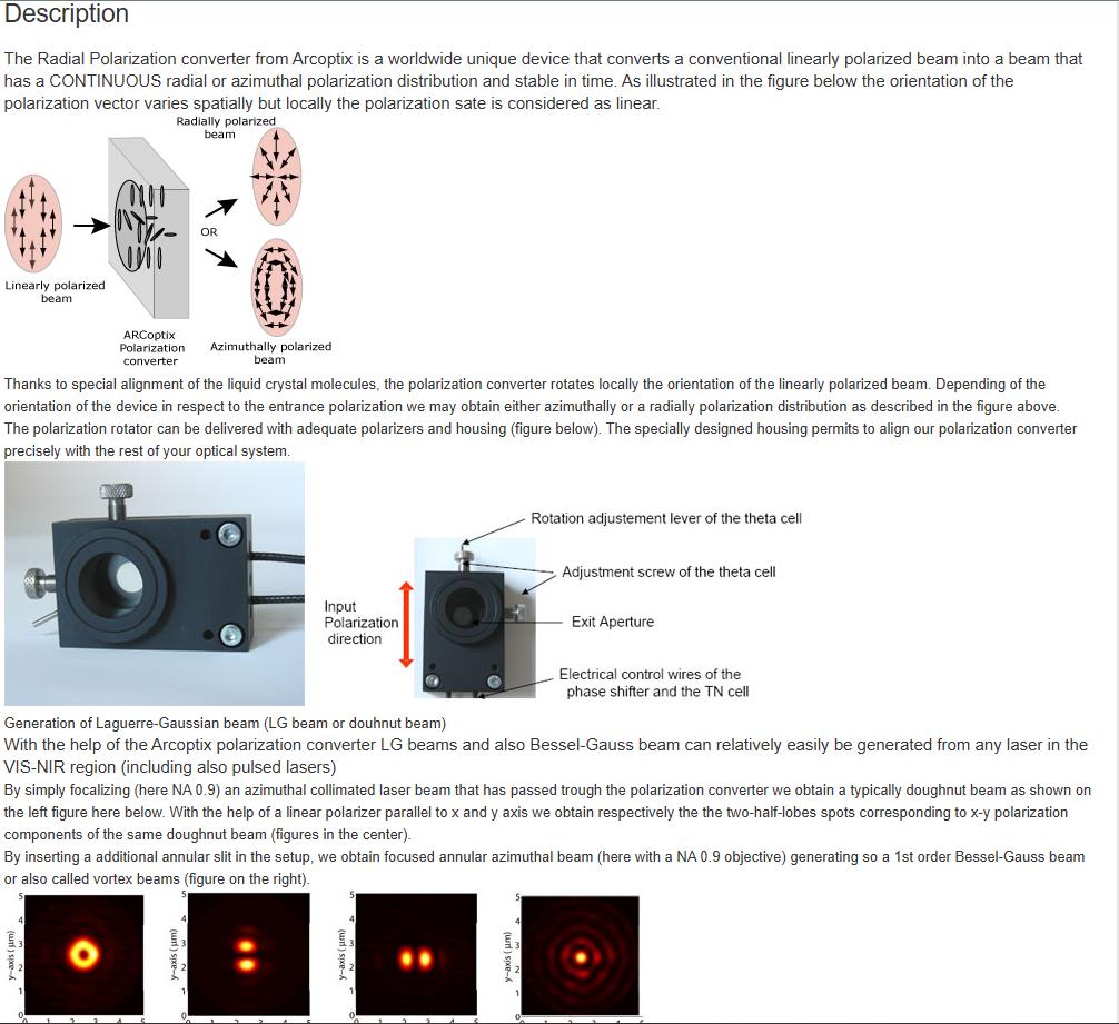 Arcoptix RPOL Radial/Azimuthal Polarization Converter Liquid Crystal Based