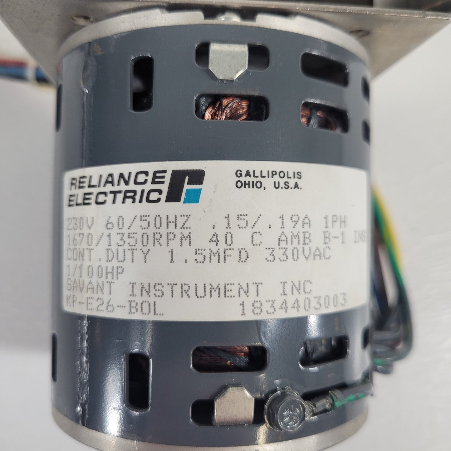 Reliance Electric KP-E26-BOL 230V 60/50Hz Motor 1/100 HP Cont Duty 1.5MFD Savant