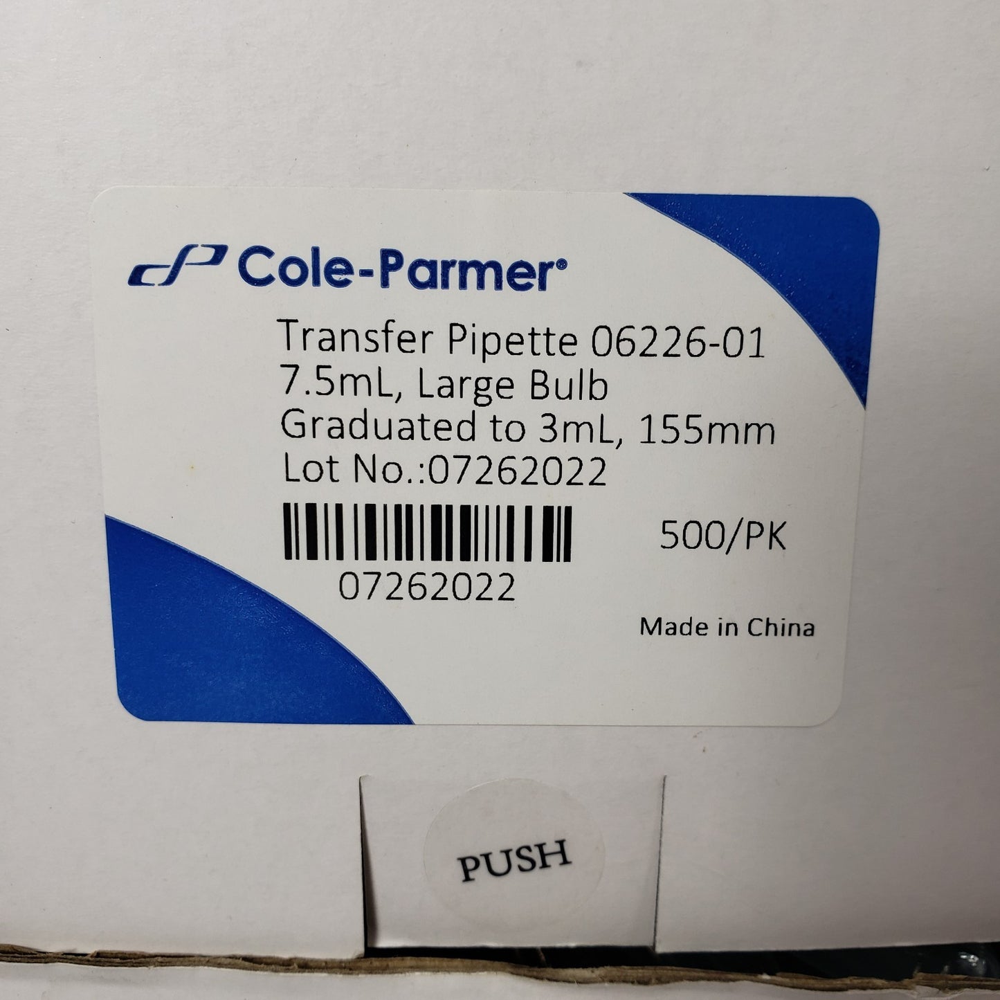 Cole-Parmer Transfer Pipette 06226-01 7.5mL Large Bulb Graduated To 3mL 155mm