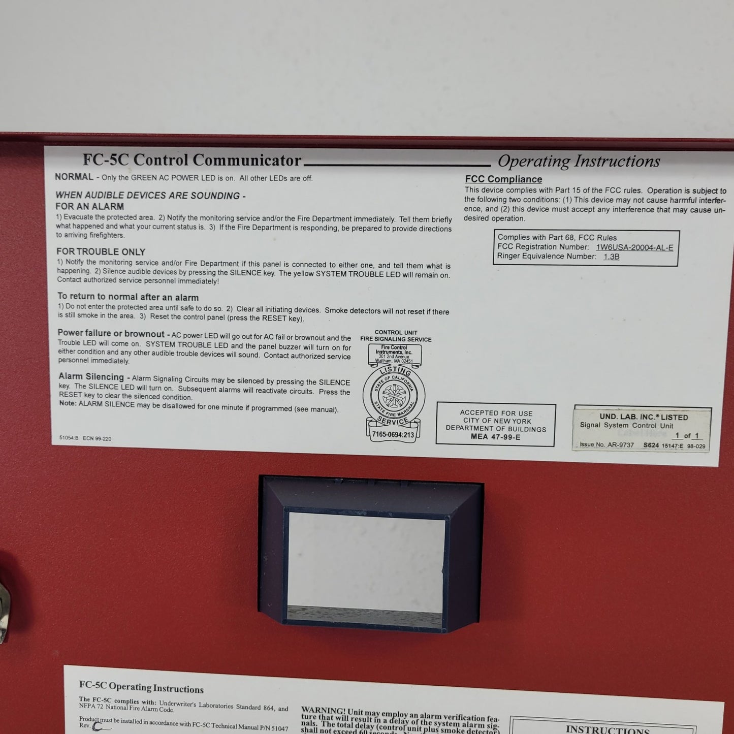 FCI FC-5C Fire Control Communicator Box FACP 5024UD-PCC Rev. W- KEY BROKEN