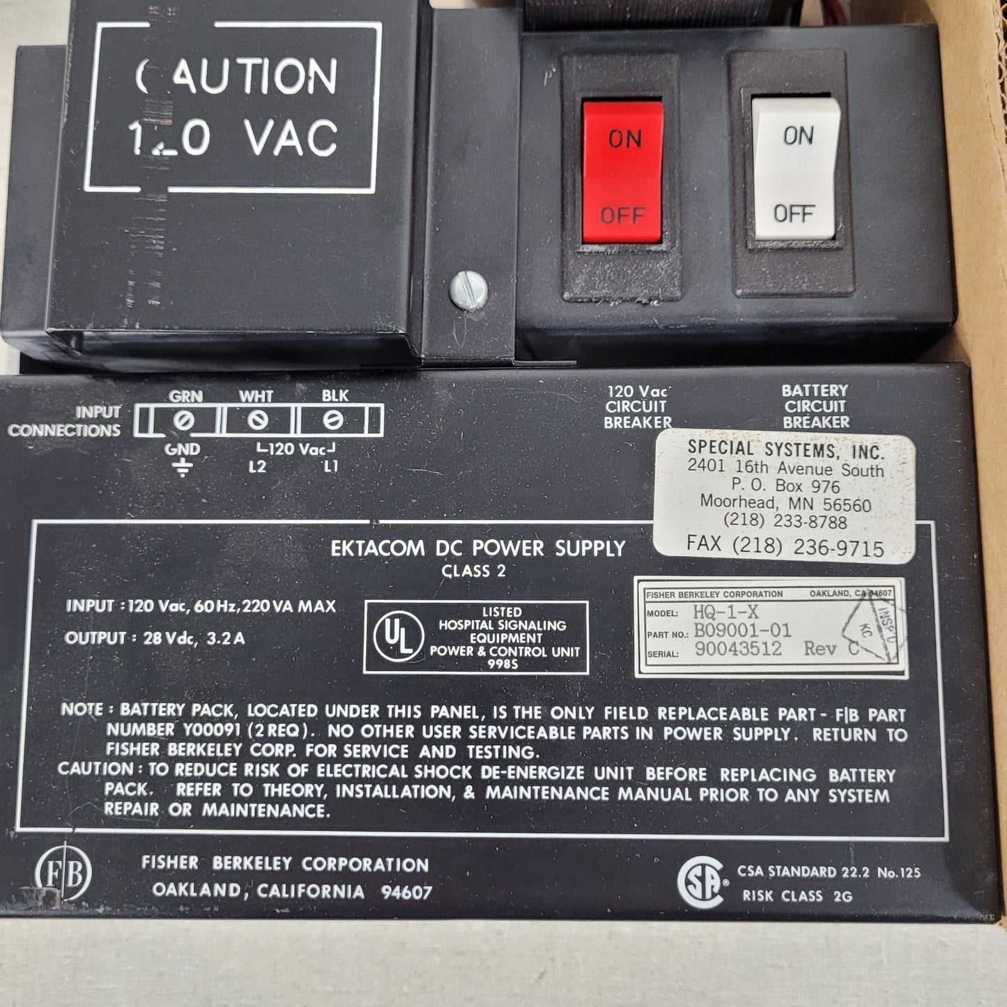 Ektacom HQ-1-X Nurse Call DC Power Supply Class 2 B09001-01 Output 27Vdc 3.2A