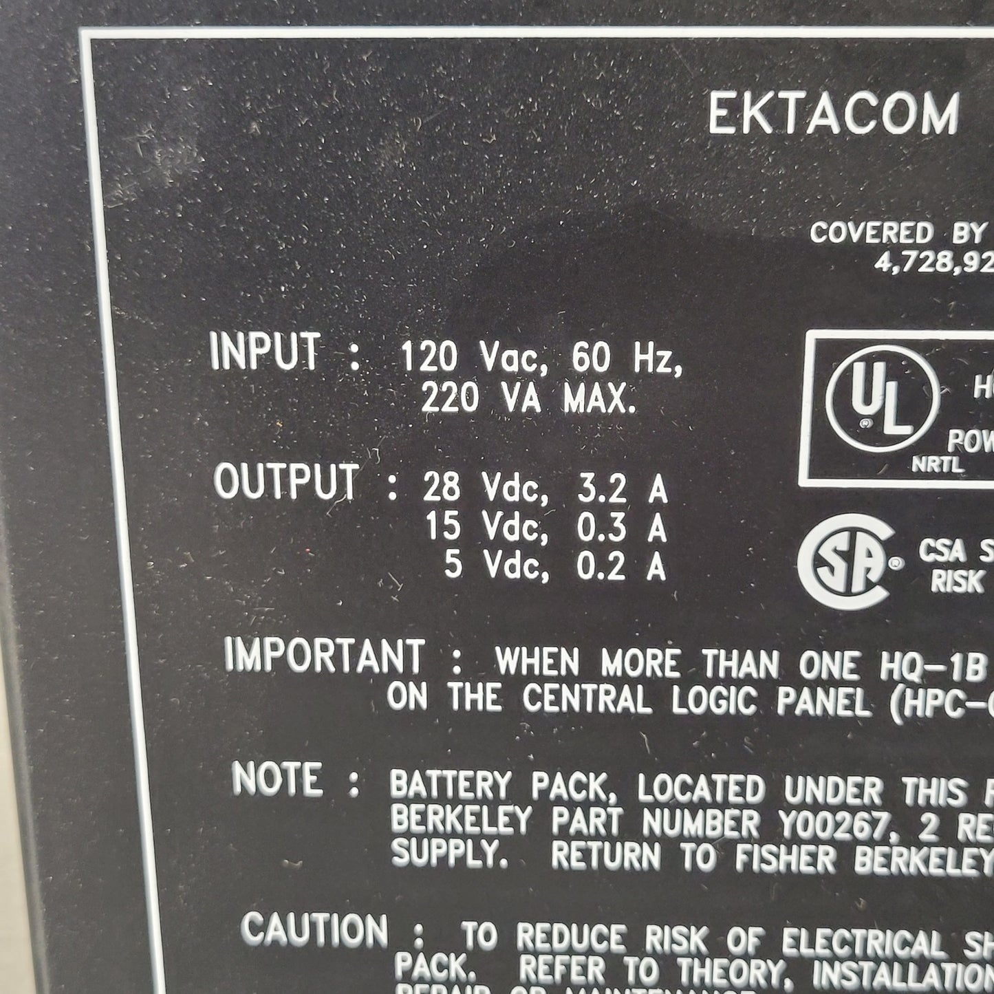 Ektacom HQ-1B Nurse Call DC Power Supply Class 2 B09001-13 ARFI 28VDC 15VDC 5VDC