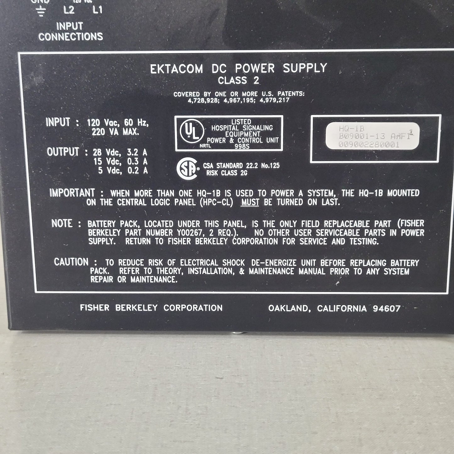 Ektacom HQ-1B Nurse Call DC Power Supply Class 2 B09001-13 ARFI 28VDC 15VDC 5VDC