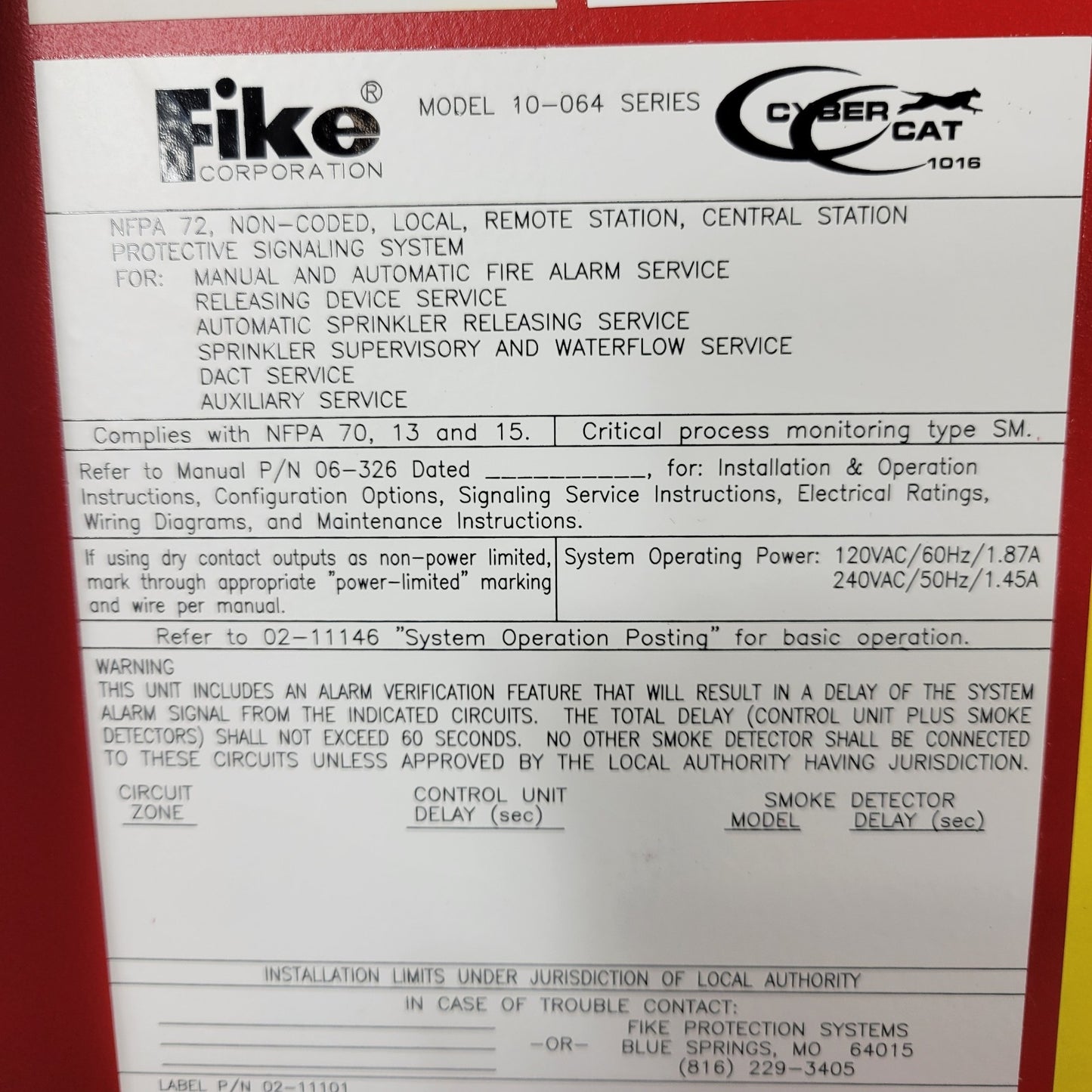 Fike Protection 10-2525 Fire Alarm System Control Panel Cabinet Cyber Cat 254