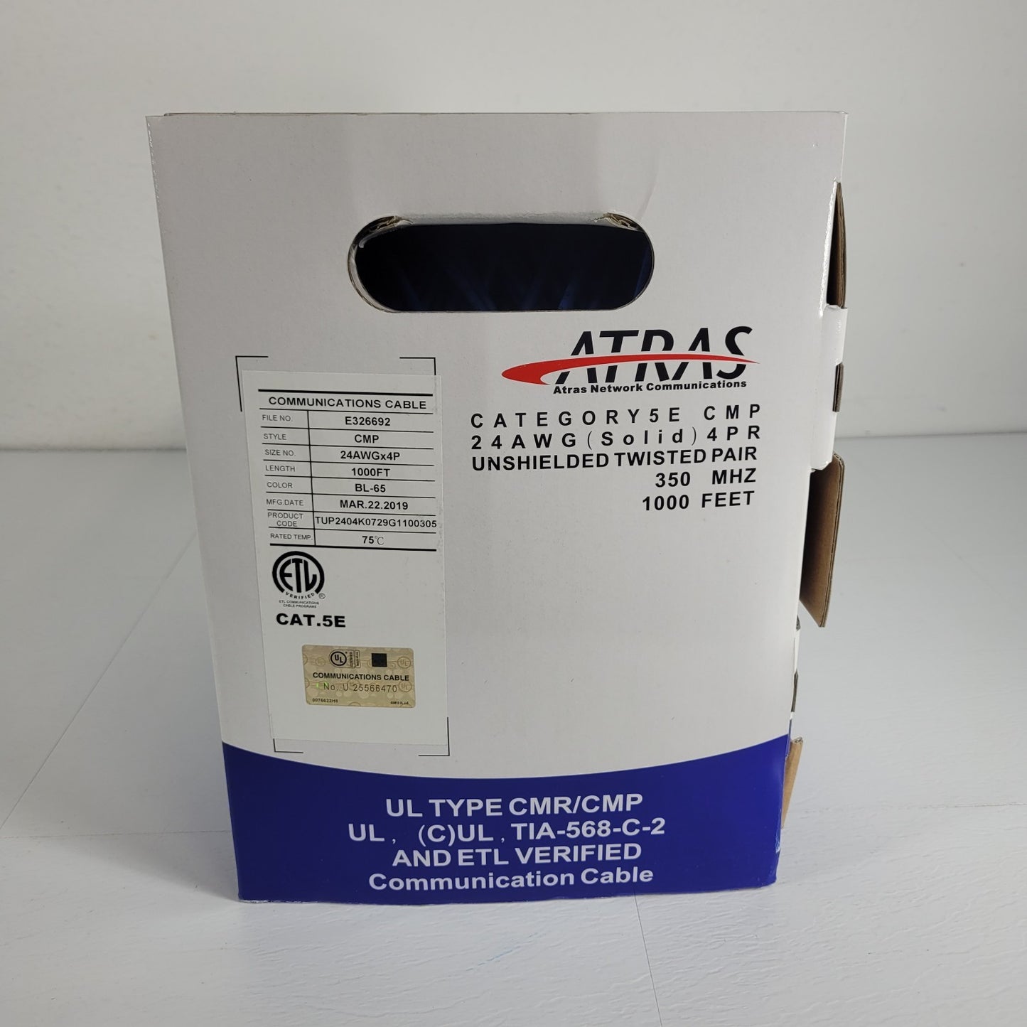 ATRAS Category Cat 5E CMP 24 AWG Solid 4PR Twisted Pair 350 MHz 1000 Feet