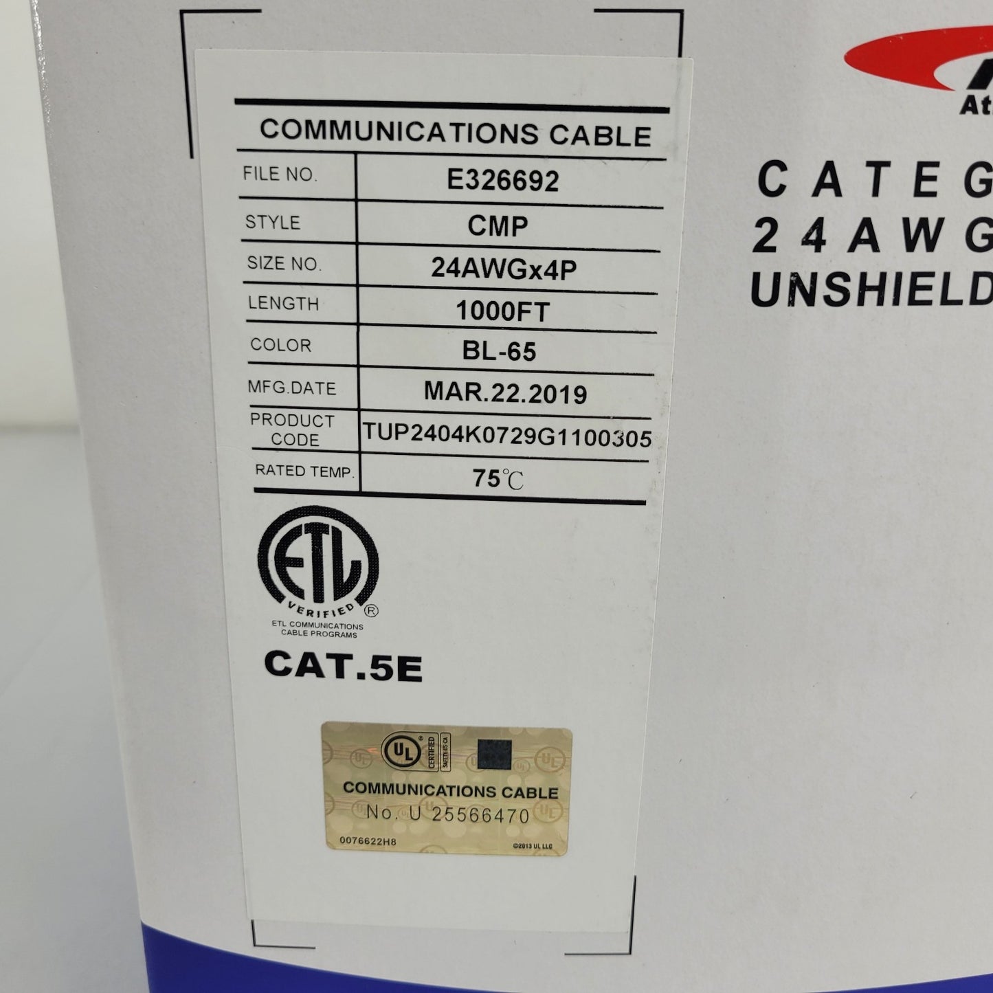 ATRAS Category Cat 5E CMP 24 AWG Solid 4PR Twisted Pair 350 MHz 1000 Feet