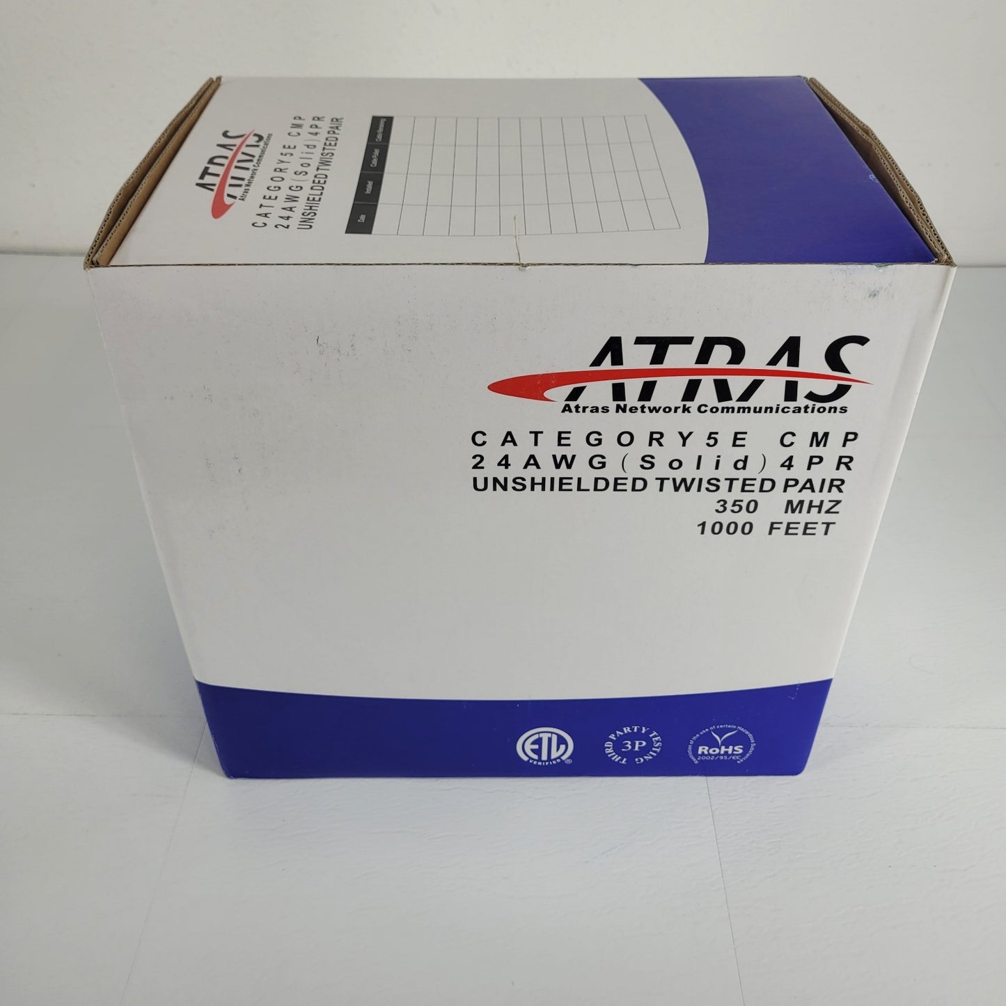 ATRAS Category Cat 5E CMP 24 AWG Solid 4PR Twisted Pair 350 MHz 1000 Feet