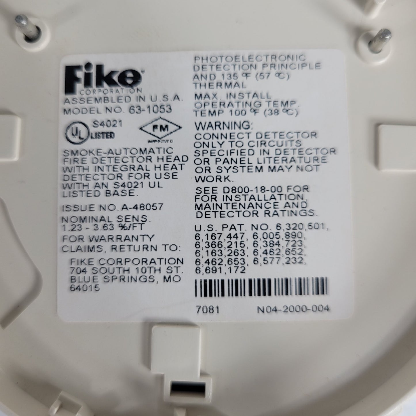 Fike 63-1053 Photo / Heat Detector Photoelectronic Detection Principle / Thermal