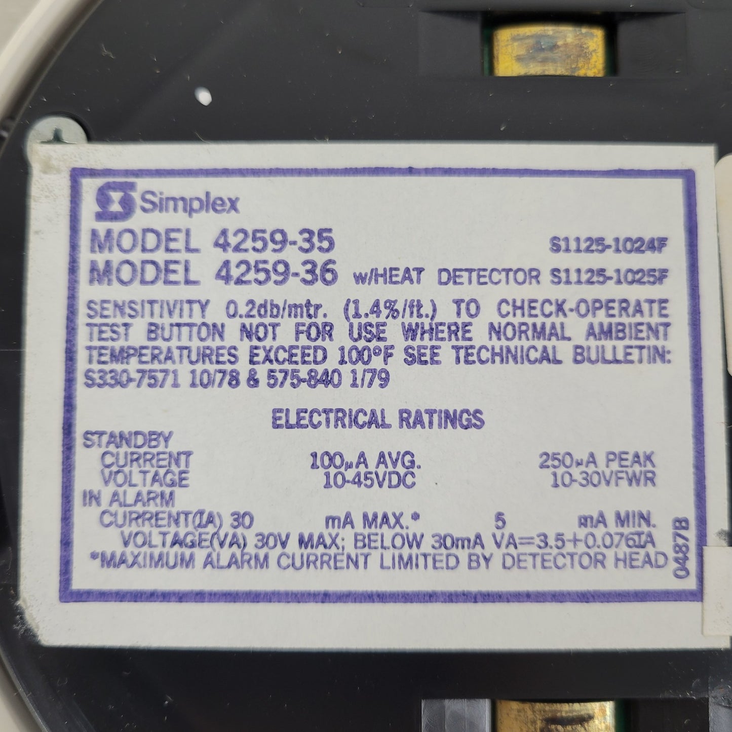 Simplex 4259-35 Smoke Detector Input Voltage 10-30 VDC or FWR 4259-36