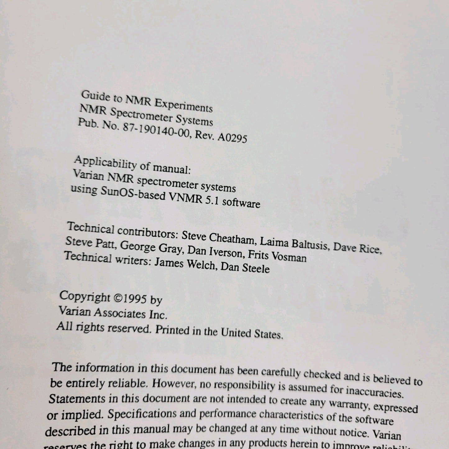 Varian NMR Nuclear Magnetic Resonance Spectrometer Manual Collection v5.1 v6.1C