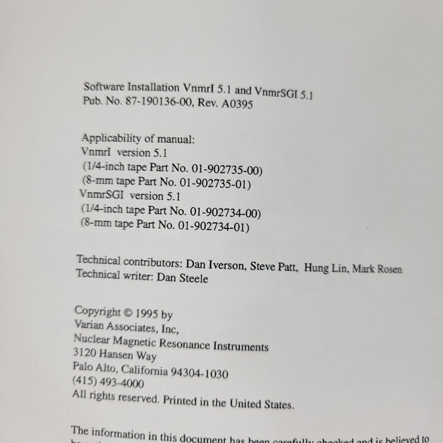 Varian NMR Nuclear Magnetic Resonance Spectrometer Manual Collection v5.1 v6.1C