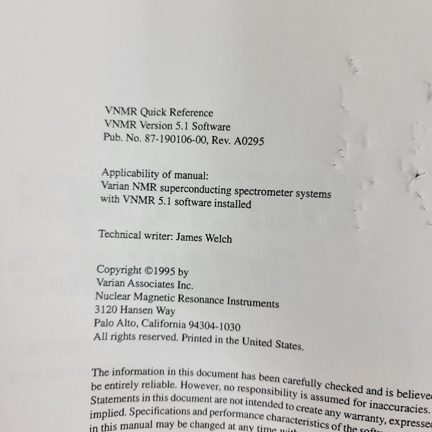 Varian NMR Nuclear Magnetic Resonance Spectrometer Manual Collection v5.1 v6.1C