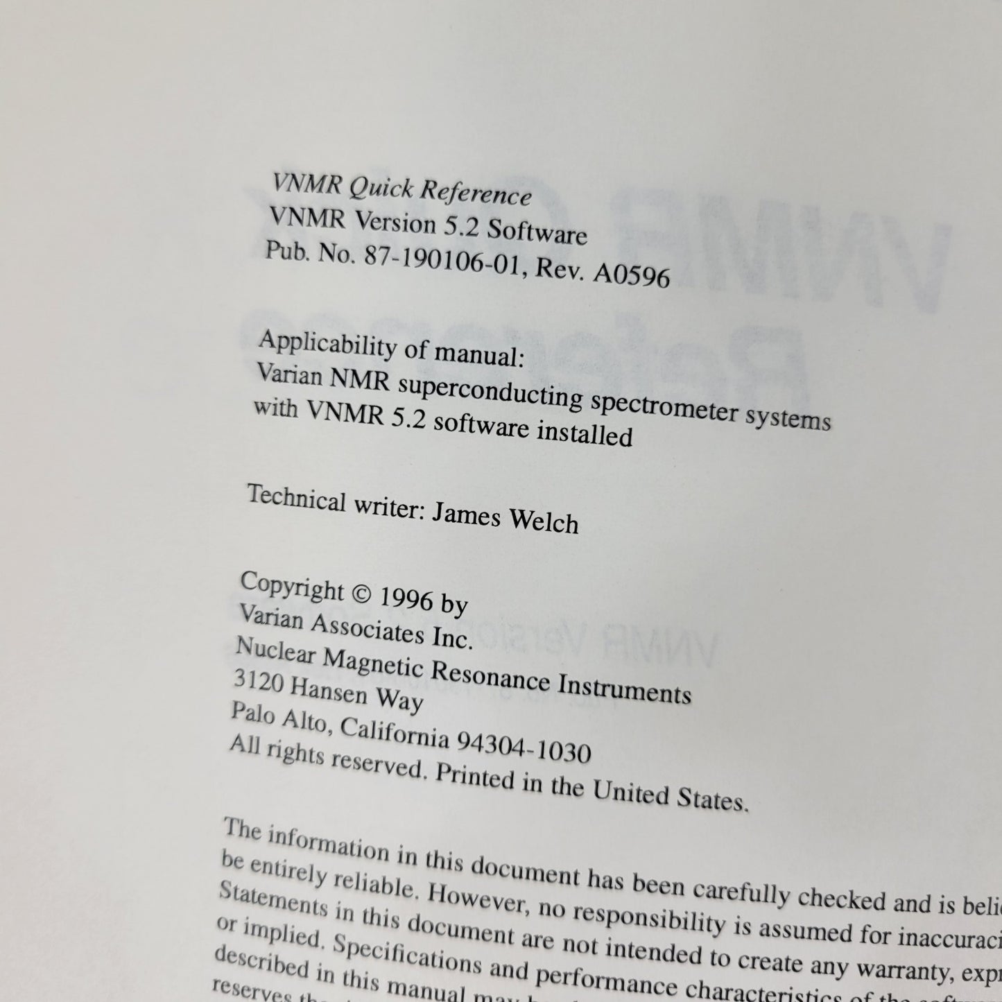 Varian NMR Nuclear Magnetic Resonance Spectrometer Manual Collection v5.1 v6.1C