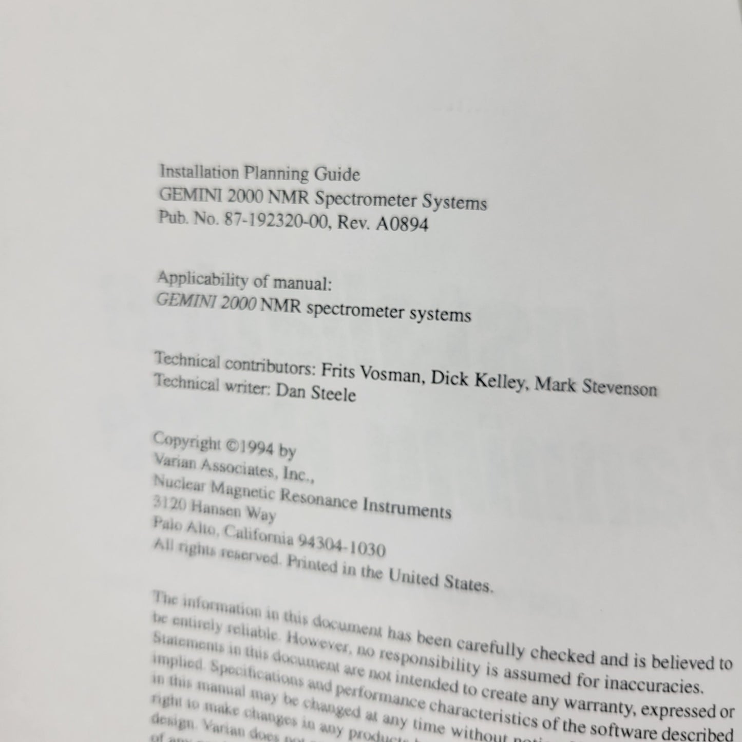 Varian NMR Nuclear Magnetic Resonance Spectrometer Manual Collection v5.1 v6.1C