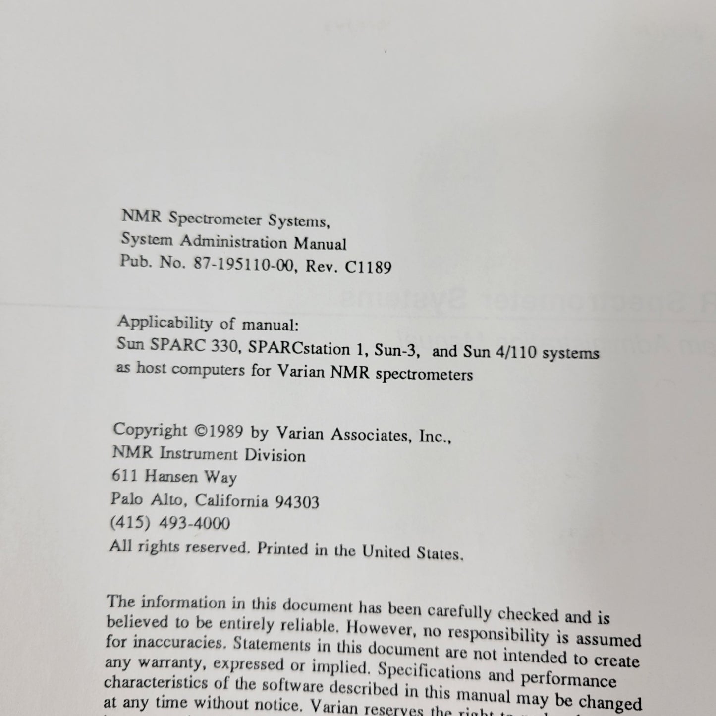 Varian NMR Spectrometer System Administration Operation Manual Rev C1189 C1090