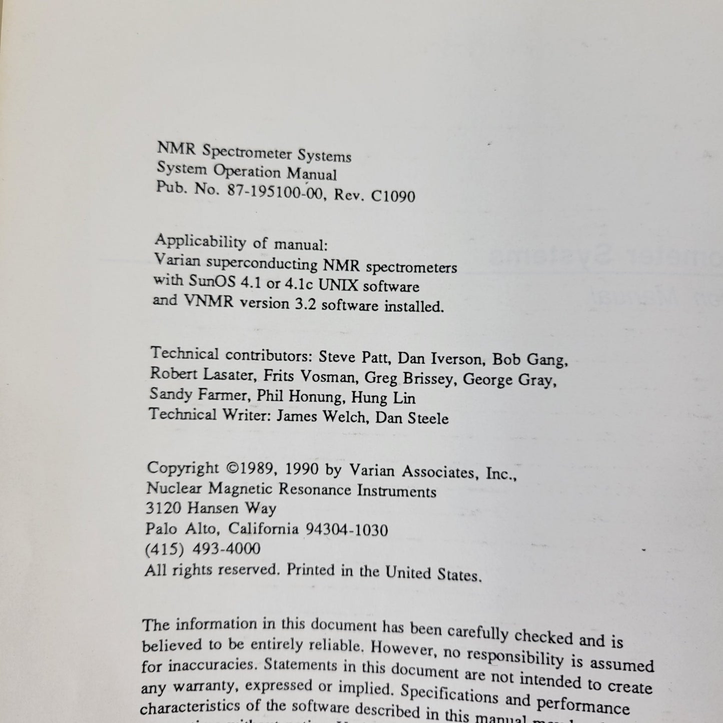 Varian NMR Spectrometer System Administration Operation Manual Rev C1189 C1090