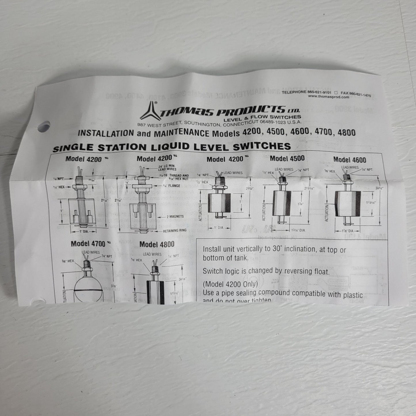 Thomas Products 4400 24237 Level Switch 1/2" MNPT External Tank Mount