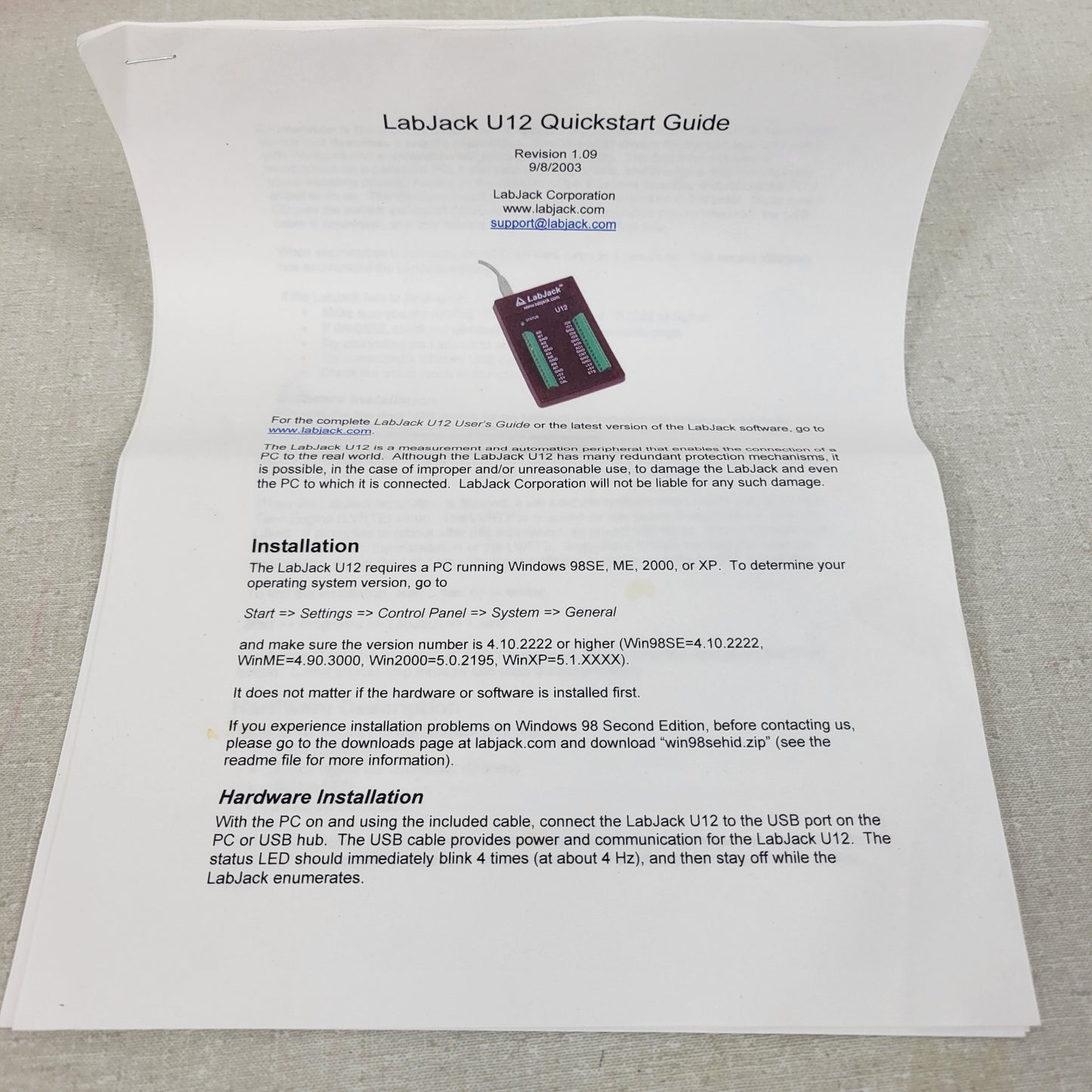 LabJack U12 Measurement Automation USB Peripheral for Windows 98SE ME 2000 XP