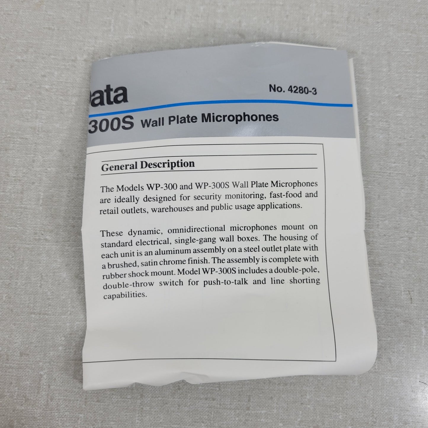 Telex WP-300 70666-001 Omni-Directional Wall Plate Microphones Multi Purpose