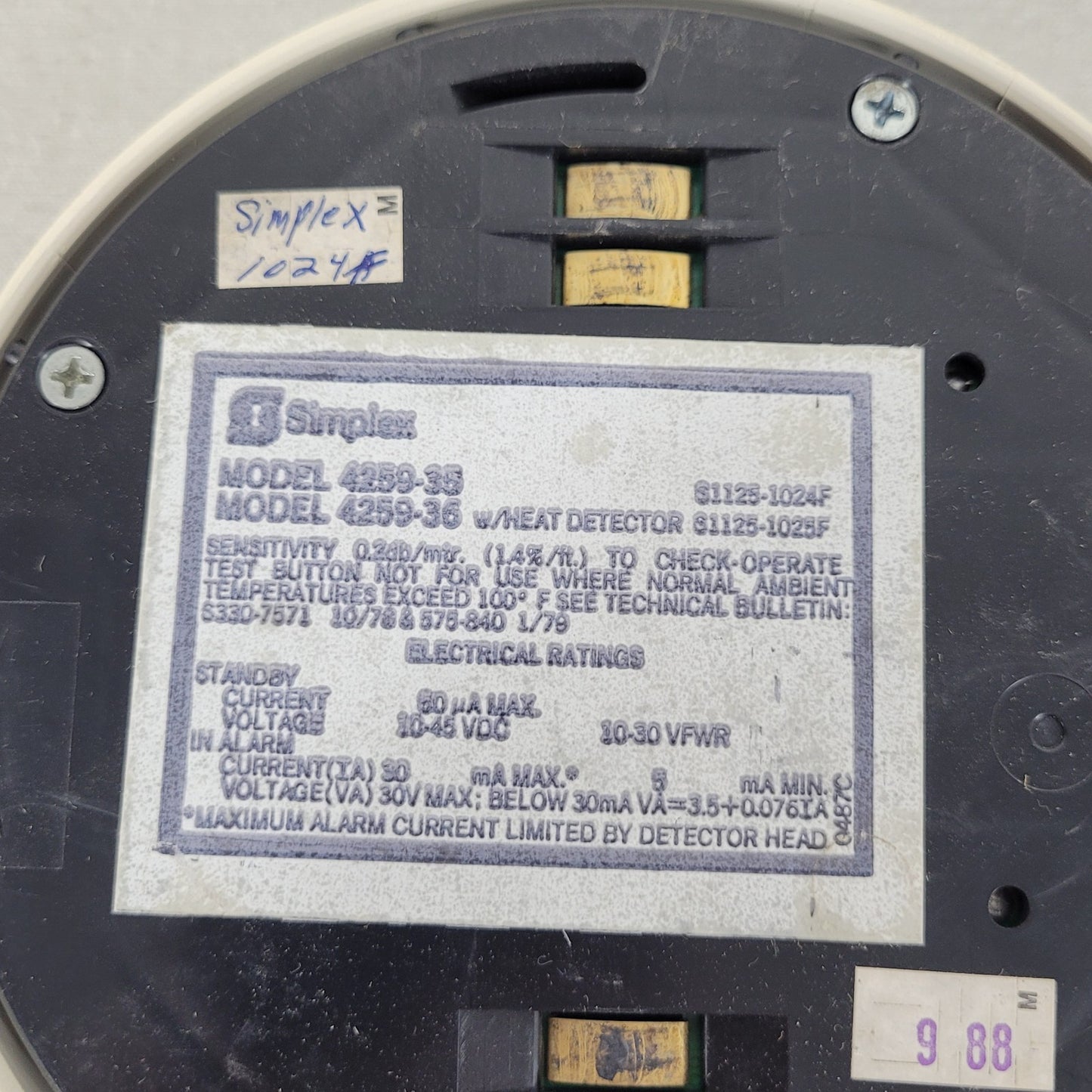 Simplex 4259-35 Photoelectric Smoke Detector Input Voltage 10-30 VDC Or FWR