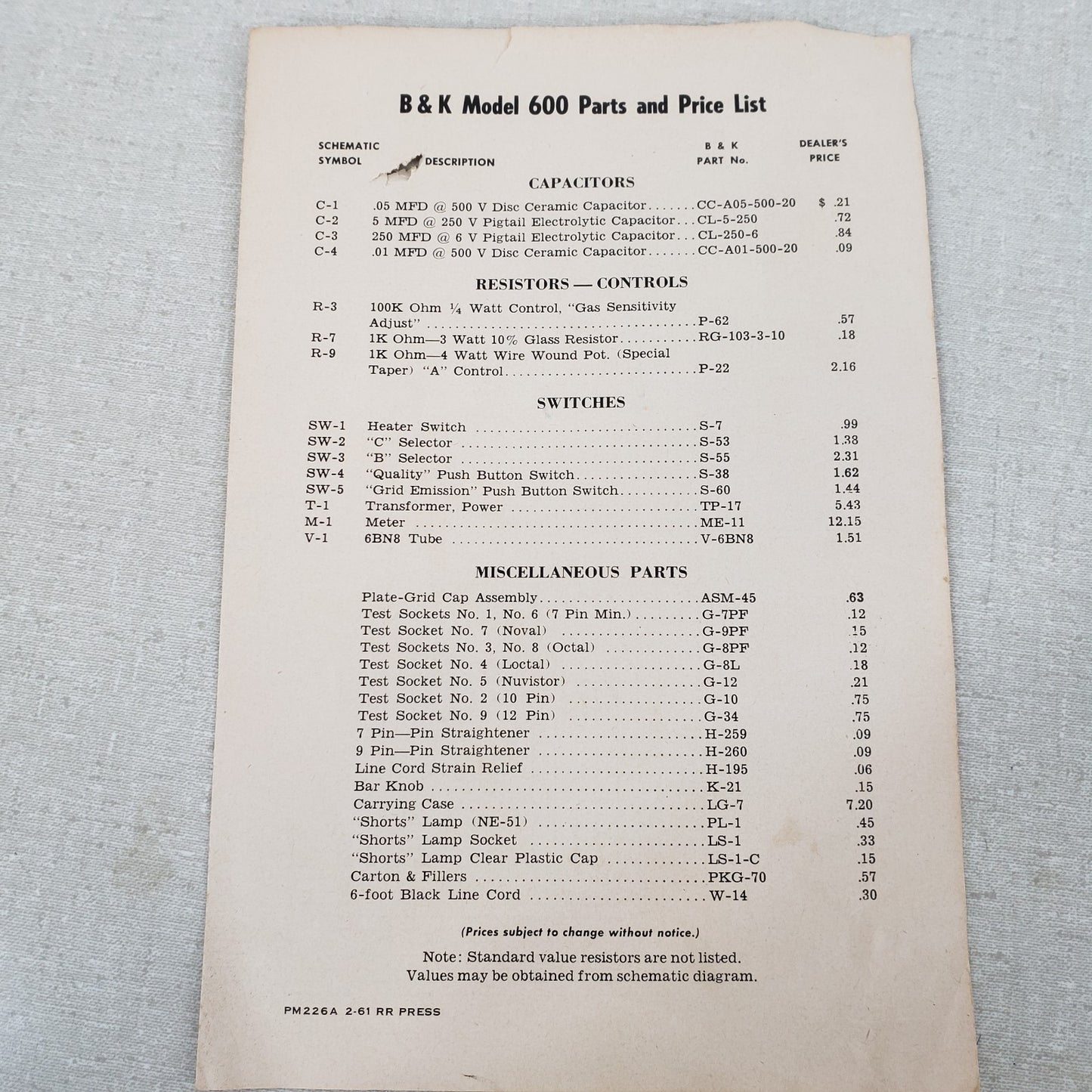 Dyna-Quik 600 Tube Tester Instruction Manual With Diagram Supplemental Materials