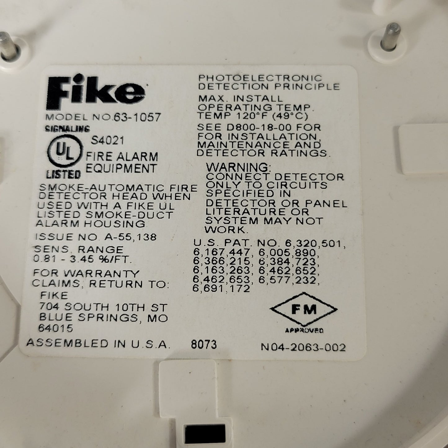 Fike 63-1057 Fire Duct Sensor Head Intelligent Photoelectric Smoke Detector