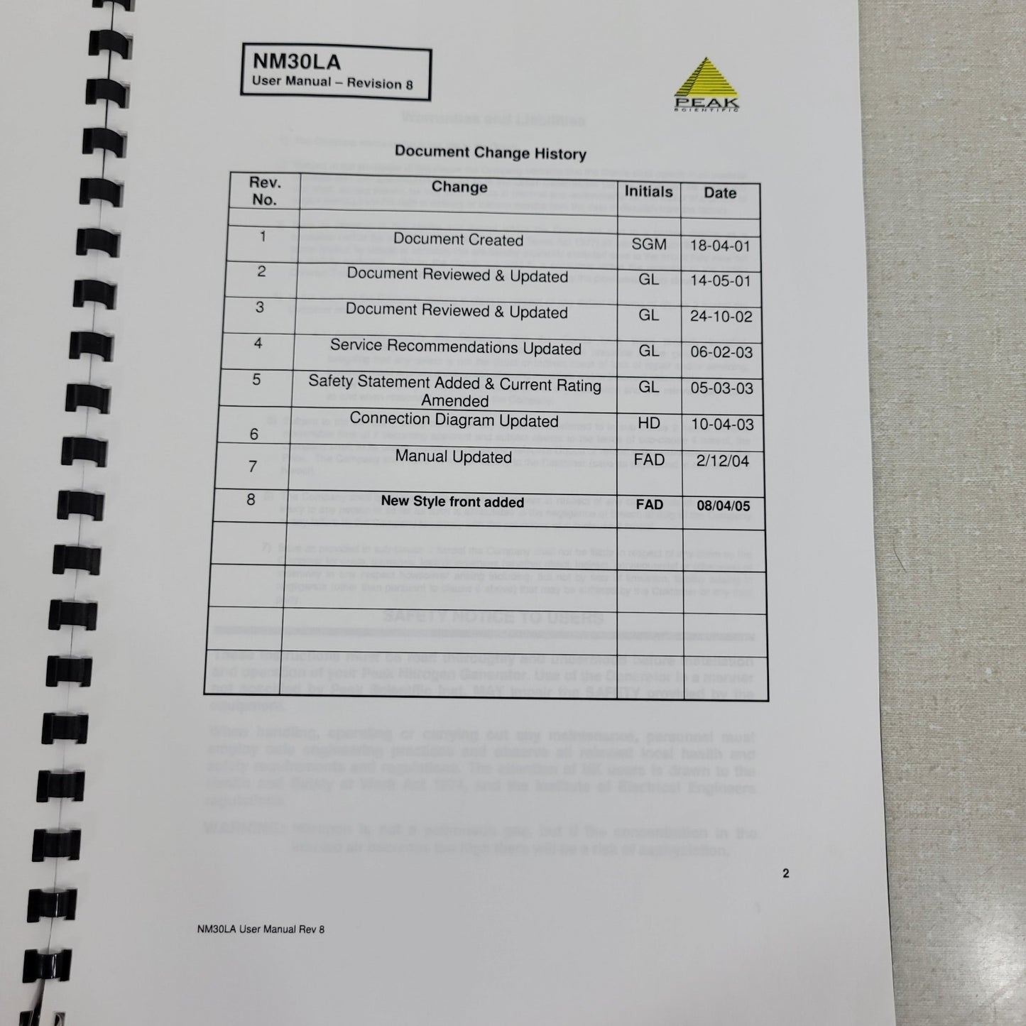 Peak Scientific Nitrogen Generator NM30LA User Manual Rev8 Service Manual Rev 9