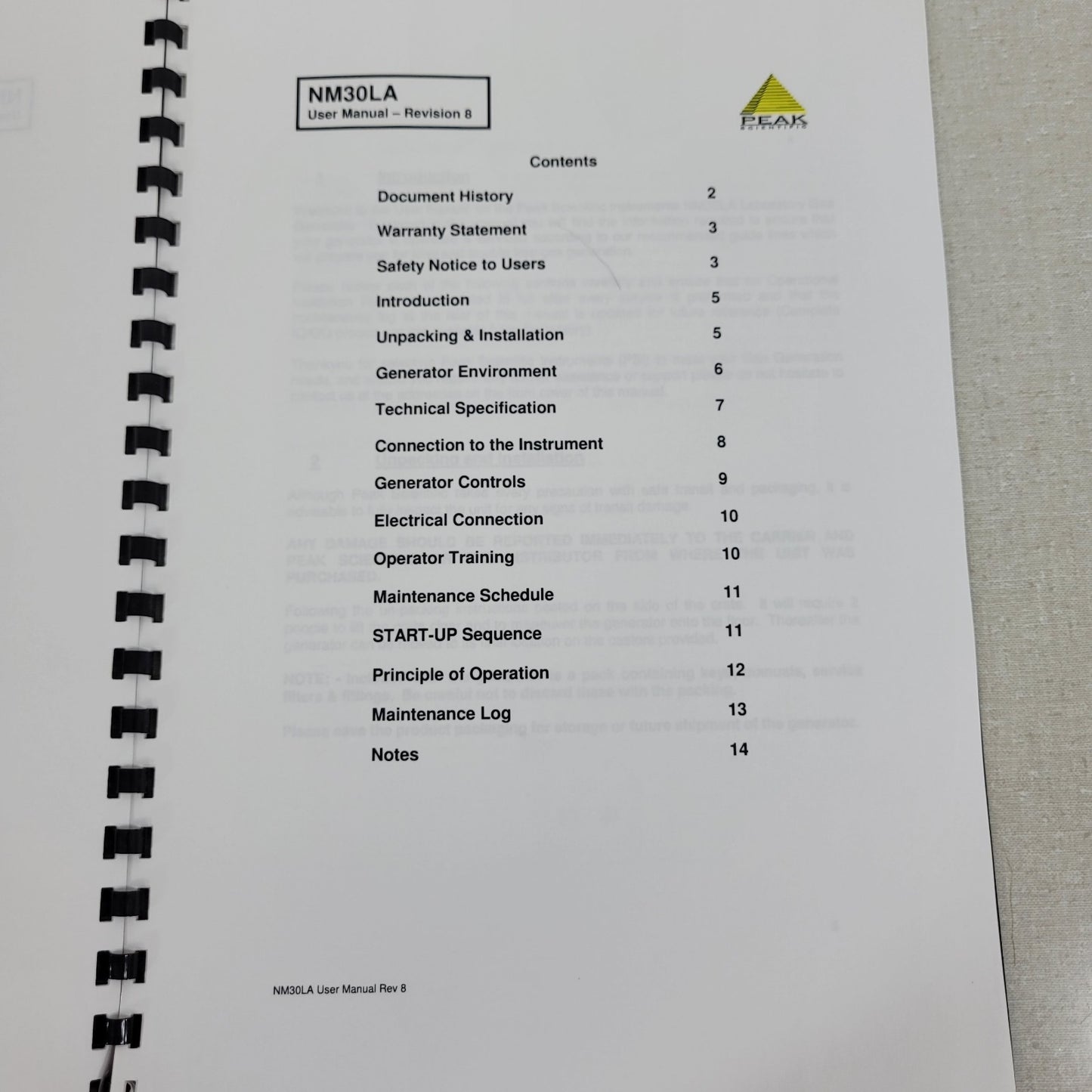 Peak Scientific Nitrogen Generator NM30LA User Manual Rev8 Service Manual Rev 9