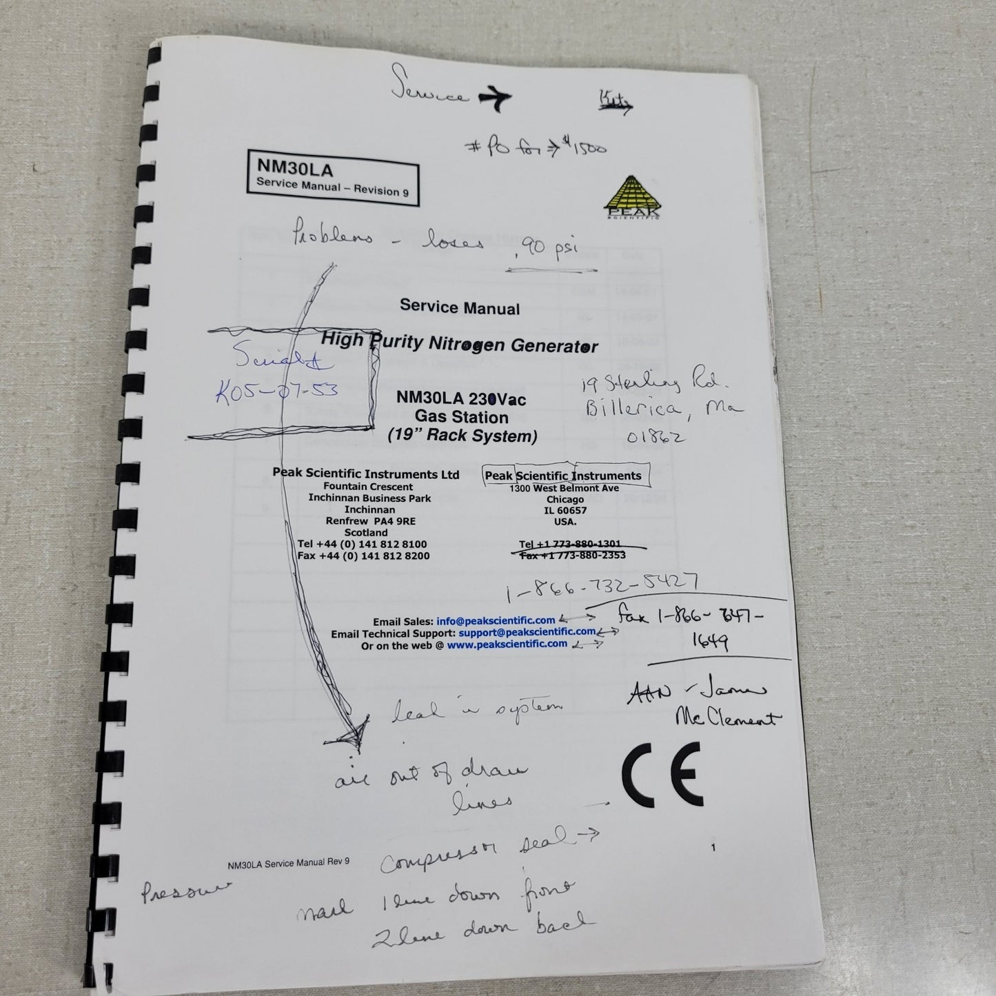 Peak Scientific Nitrogen Generator NM30LA User Manual Rev8 Service Manual Rev 9