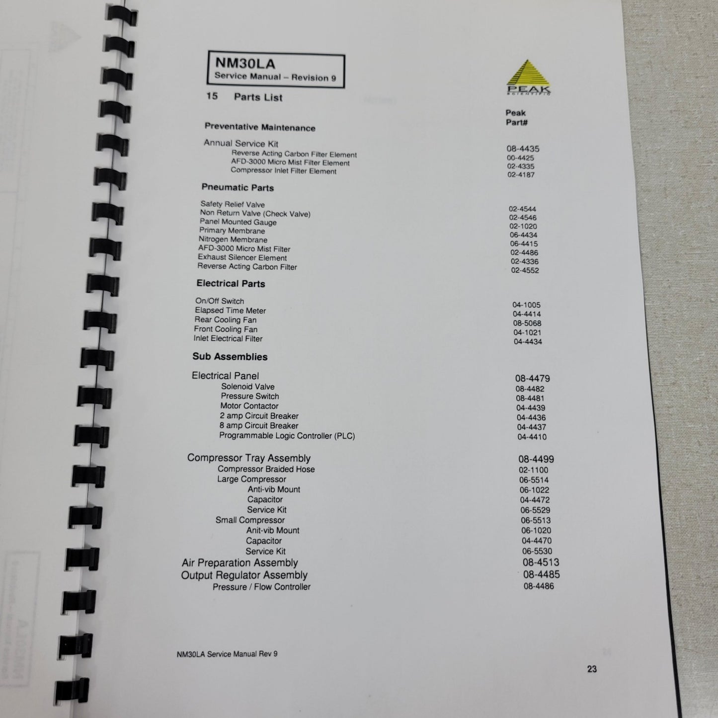 Peak Scientific Nitrogen Generator NM30LA User Manual Rev8 Service Manual Rev 9