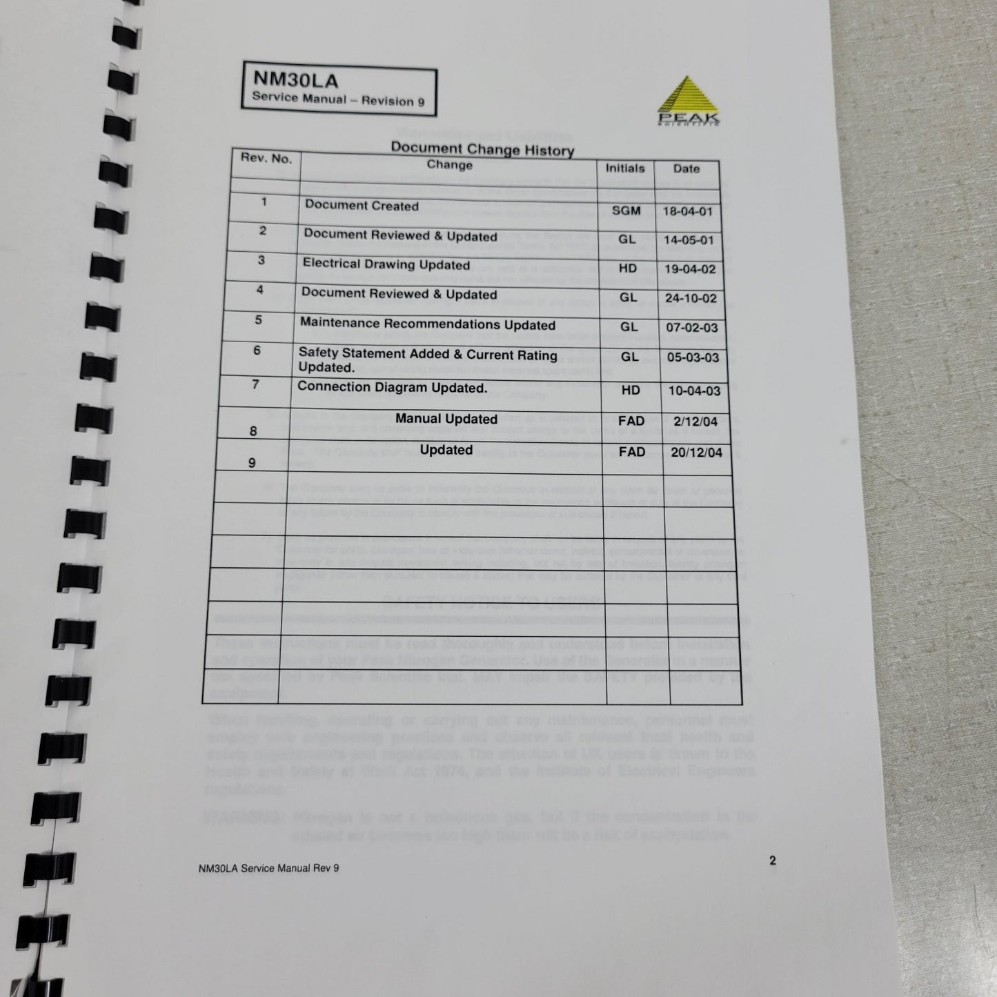 Peak Scientific Nitrogen Generator NM30LA User Manual Rev8 Service Manual Rev 9