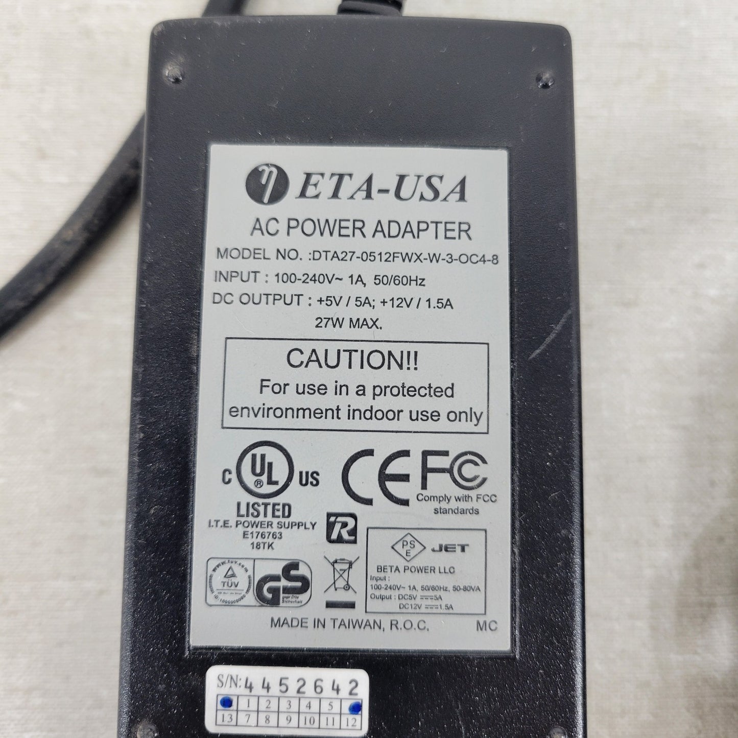 ETA-USA AC Power Adapter DTA27-0512FWX-W-3-OC4-8 5V 12V 27W 100-240VAC 50/60Hz