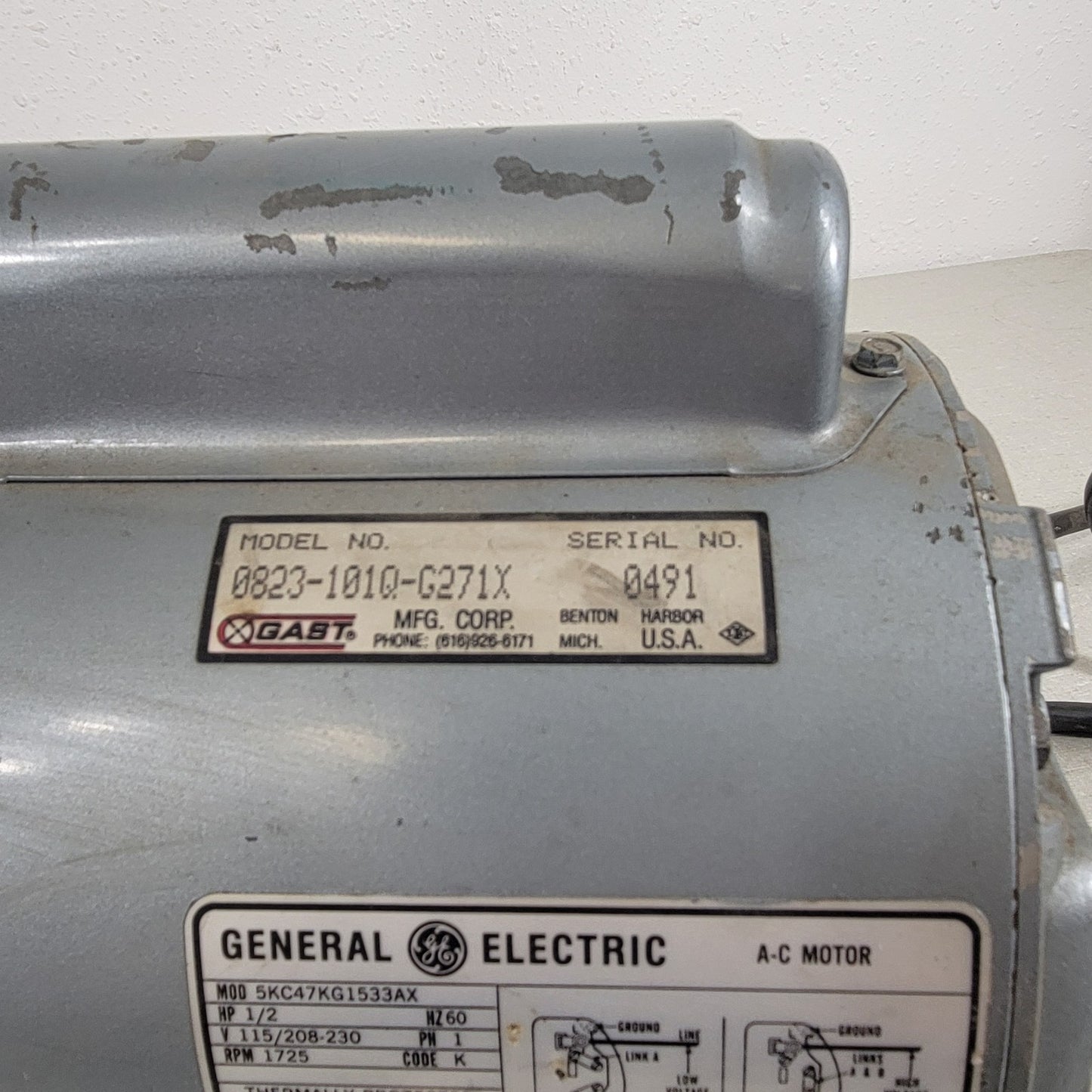 Gast 0823-101Q-G271X Vacuum Pump Compressor AC Motor GE 5KC47KG1533AX 1-Ph 120V