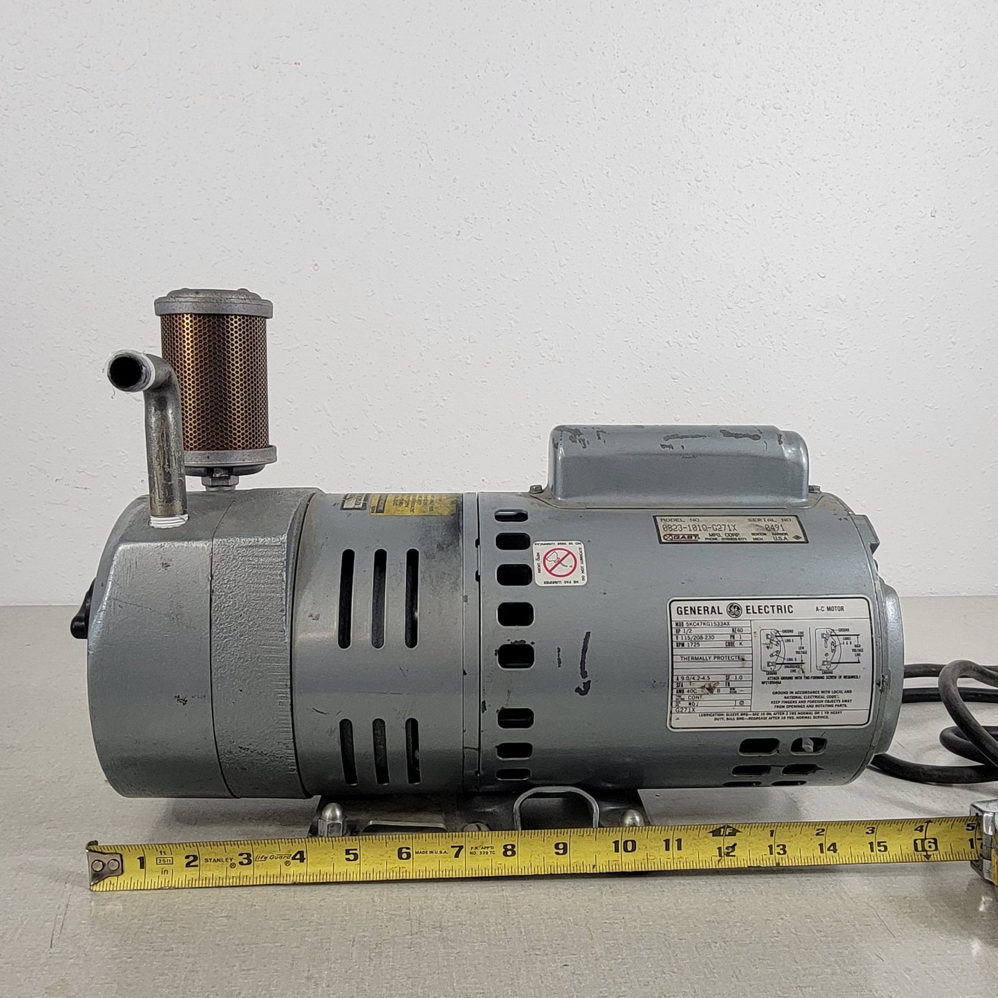 Gast 0823-101Q-G271X Vacuum Pump Compressor AC Motor GE 5KC47KG1533AX 1-Ph 120V